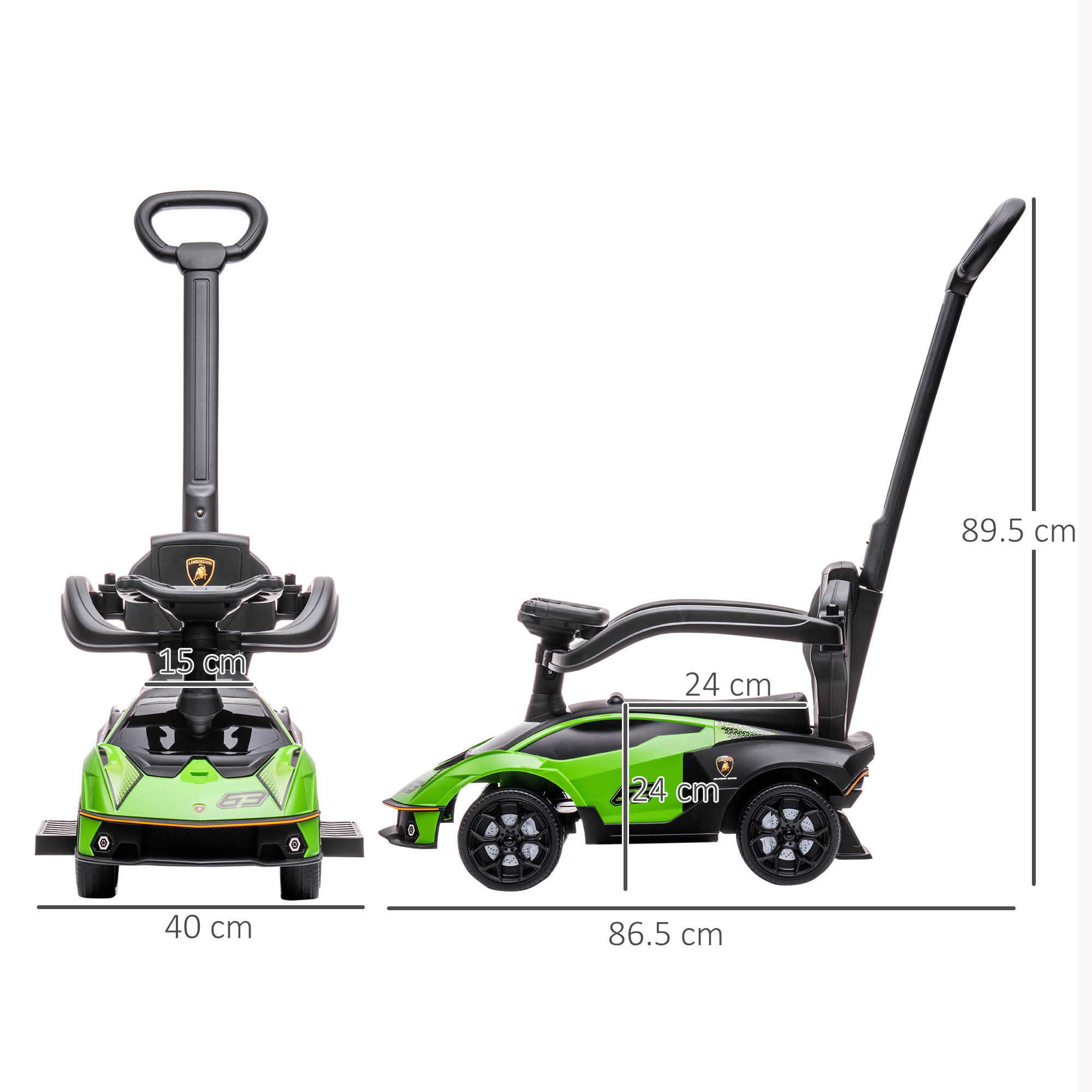 Auto giocattolo verde con dimensioni. L'auto ha una maniglia e ha un colore verde.