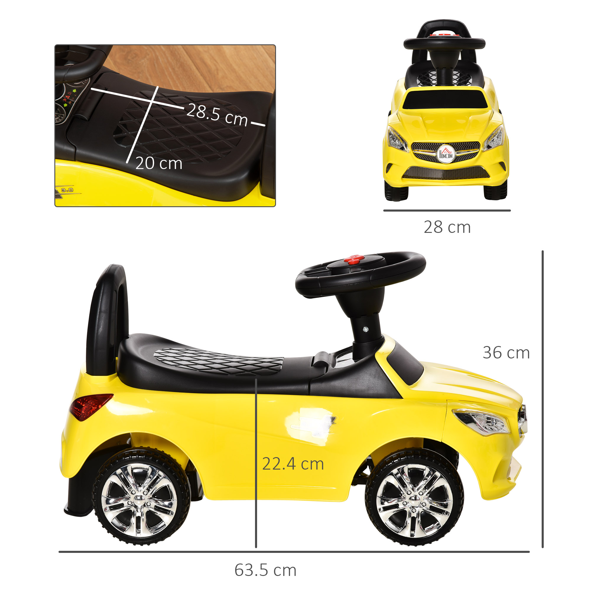 Un'auto giocattolo gialla con dimensioni. È parcheggiata su una superficie. Le dimensioni sono incluse.