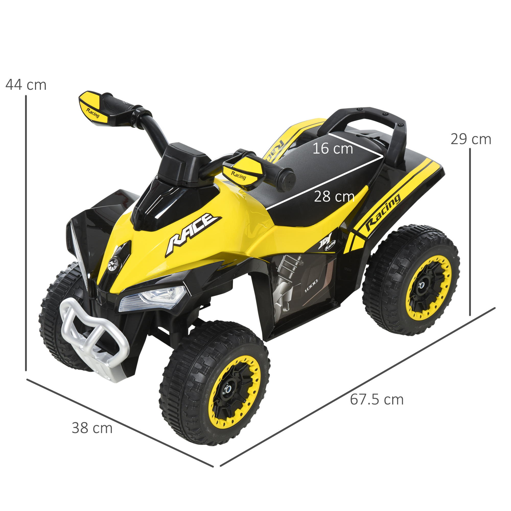 ATV giocattolo giallo e nero con dimensioni. Sono visibili le ruote e gli pneumatici.