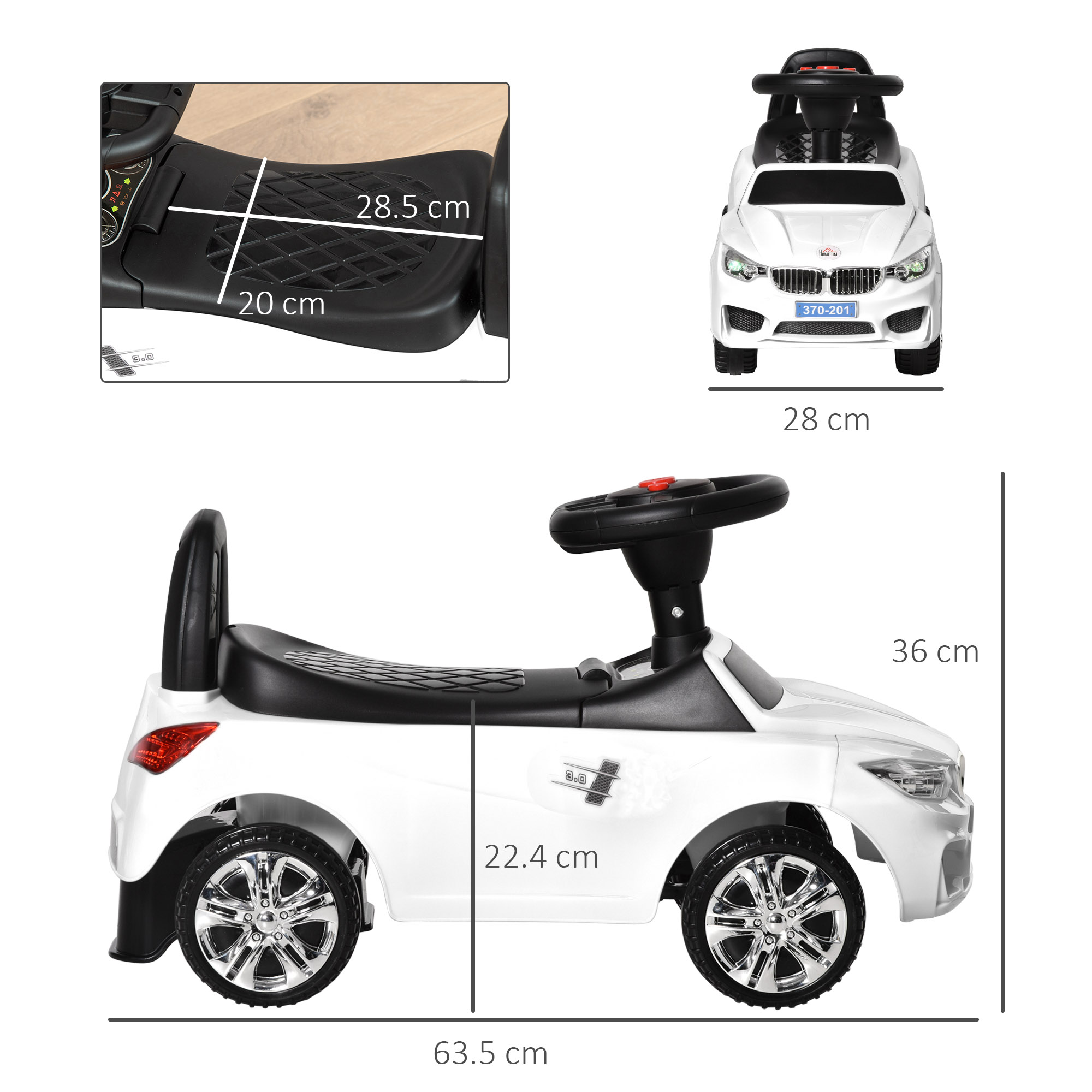 Auto giocattolo bianca con dimensioni. Sono mostrate una vista frontale e laterale.