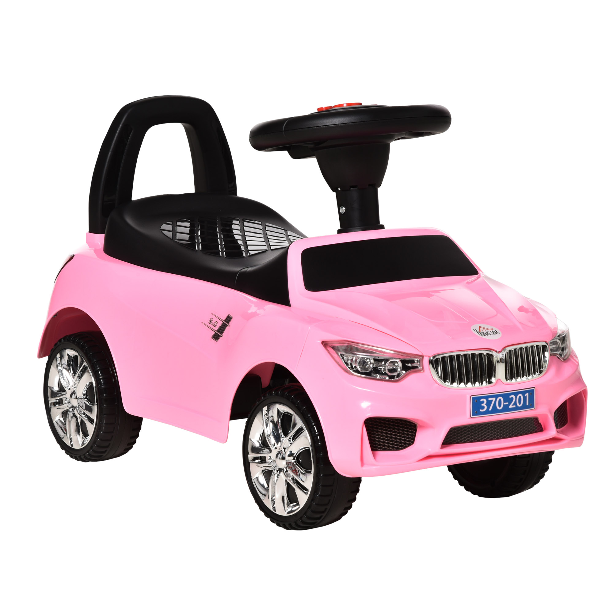 Un giocattolo rosa a forma di auto con dettagli neri e una maniglia. Ha ruote cromate.