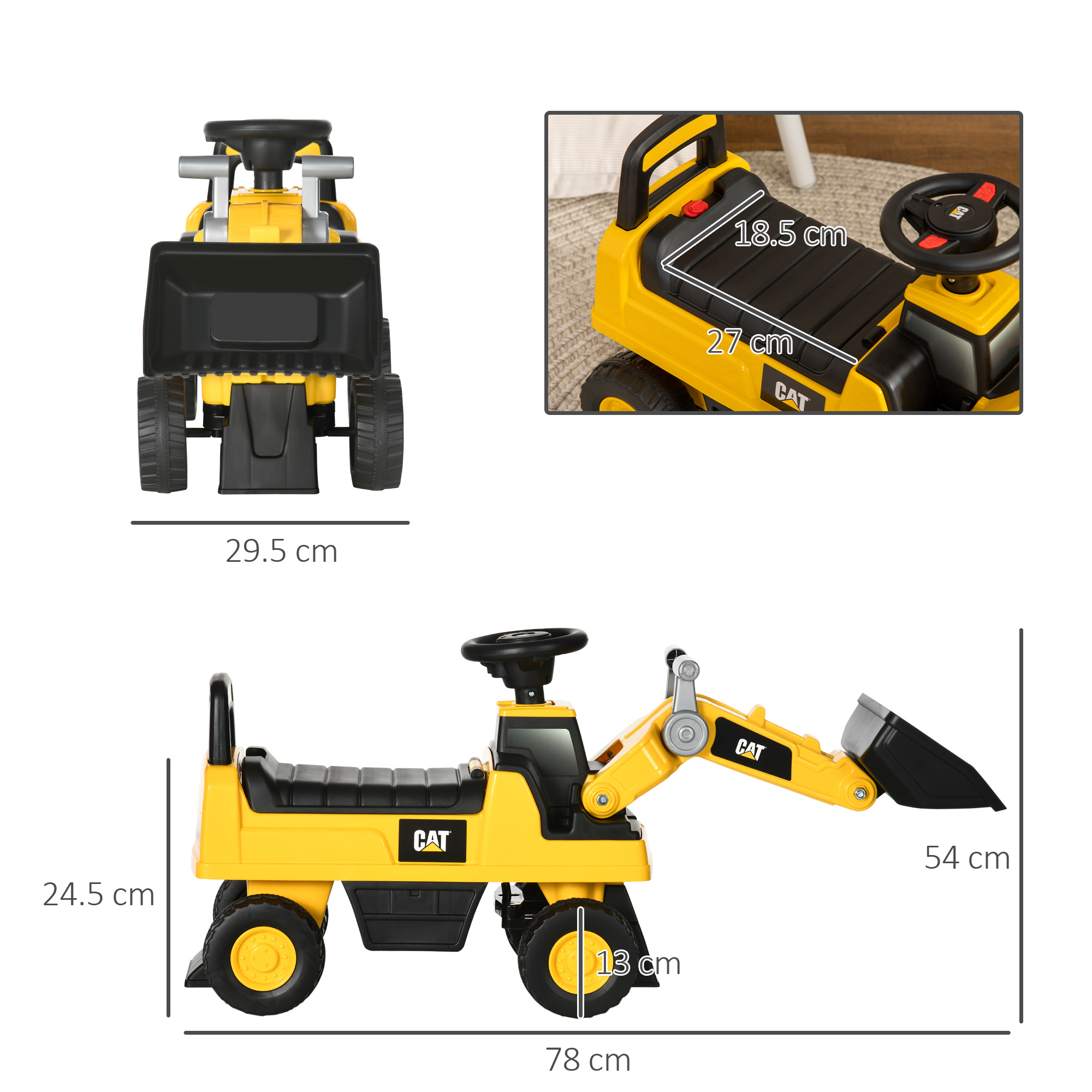 Un giocattolo escavatore CAT giallo. Dimensioni: 78cm lunghezza, 24,5cm altezza, 29,5cm larghezza e 54cm altezza con il braccio.