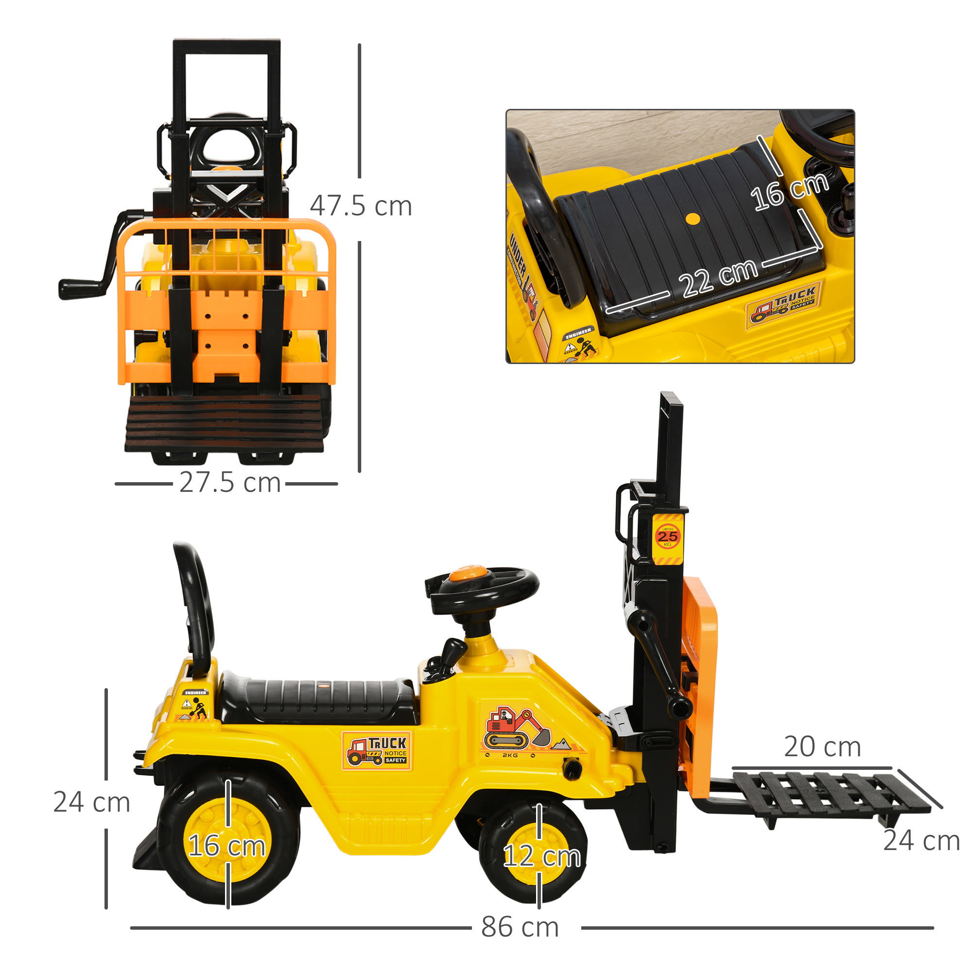 Veicolo da cantiere giocattolo giallo con dimensioni. Viste laterali, frontali e dall'alto.