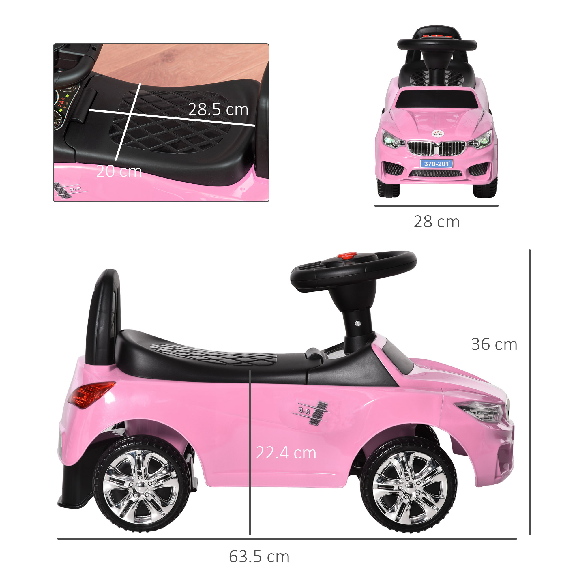 Auto giocattolo rosa con misure. Include dimensioni del sedile e dimensioni complessive.