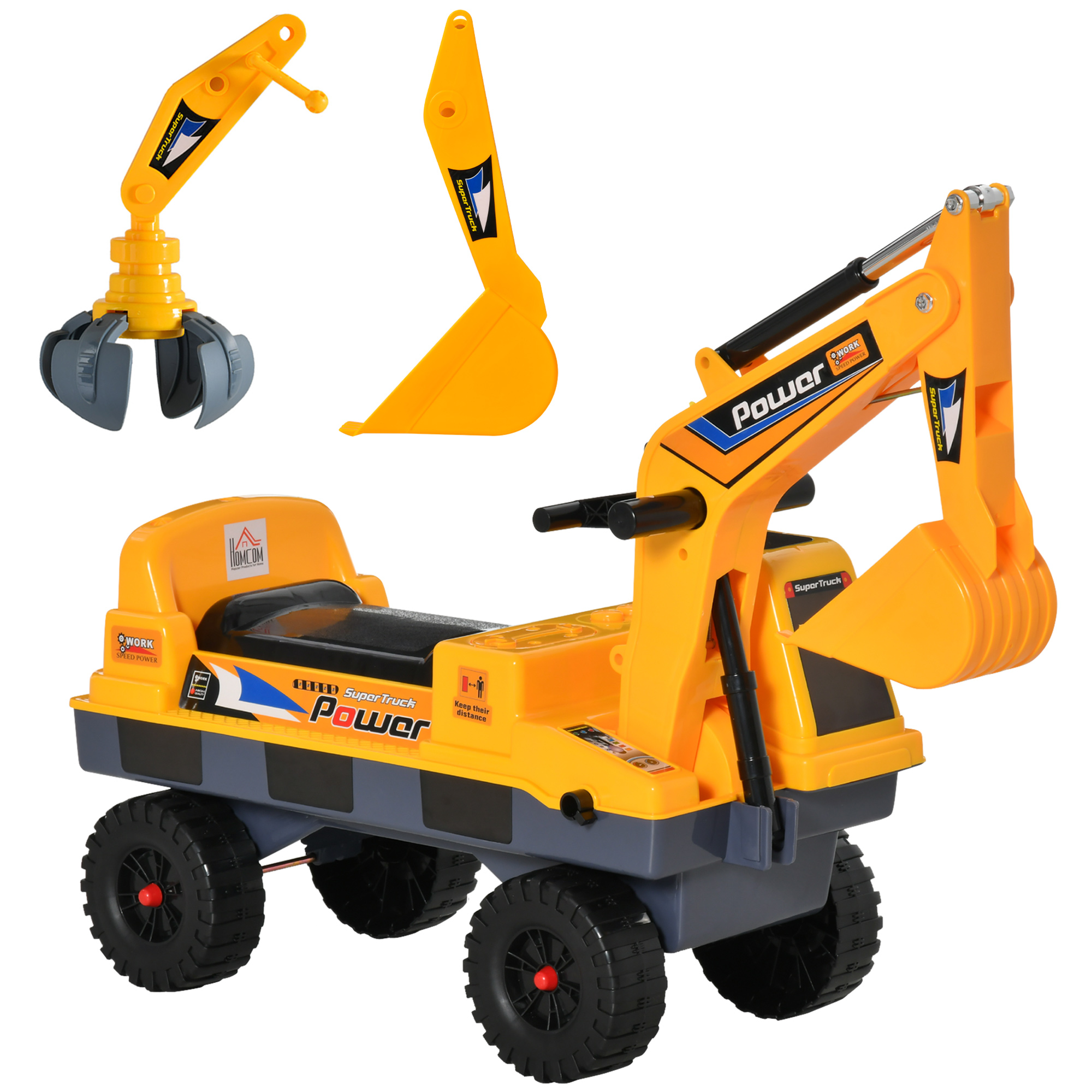 Escavatore giocattolo giallo. Include braccio escavatore, benna e attacchi.