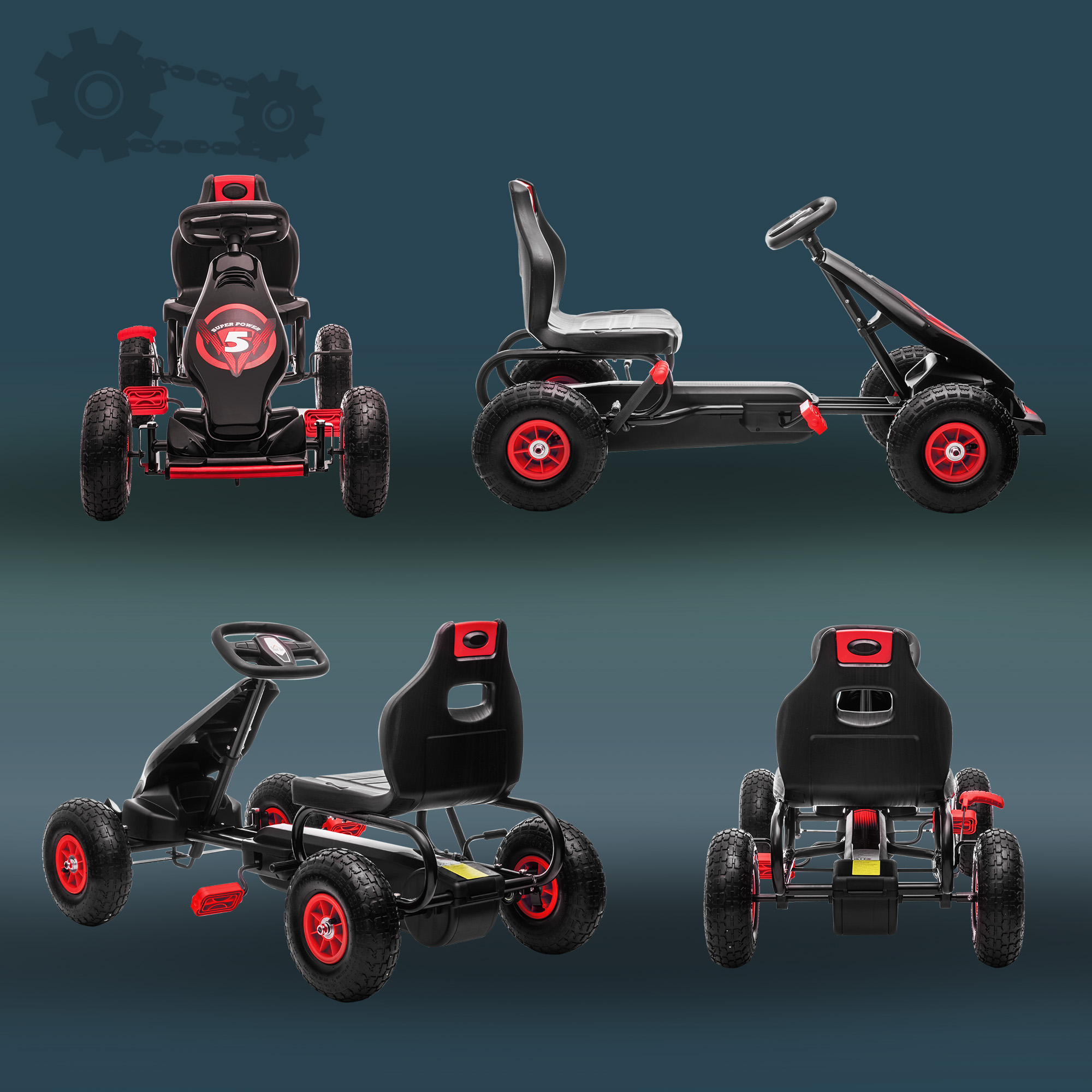 Multiple visualizzazioni di un go-kart giocattolo nero e rosso. Il go-kart ha la scritta “SUPER POWER”. Sfondo blu.