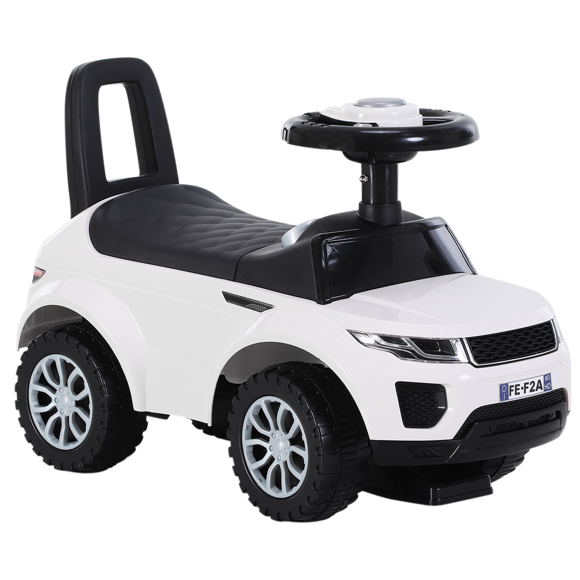 Auto giocattolo bianco, dettagli neri, parcheggiata su sfondo bianco. Design simile a SUV.