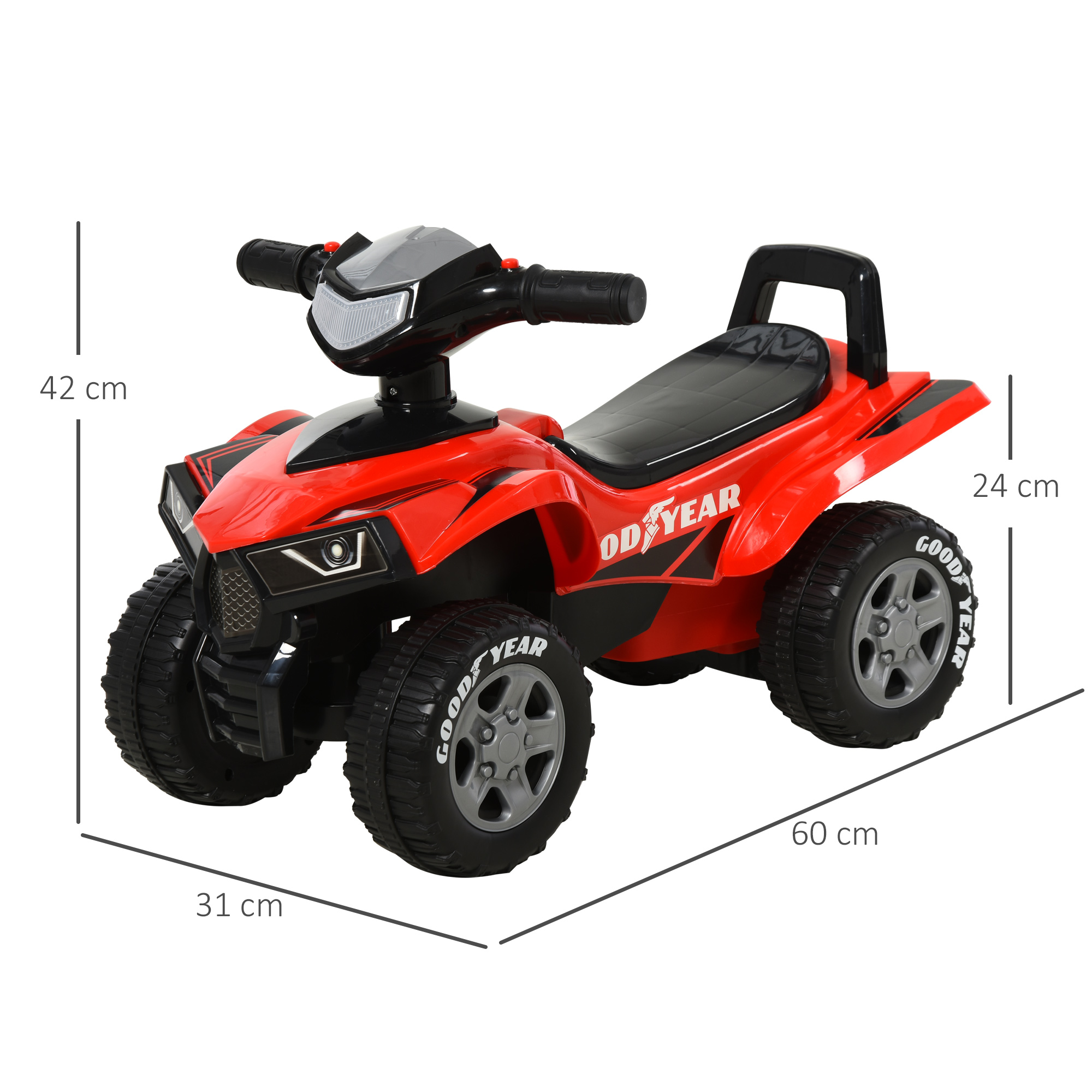 Quad rosso con dettagli neri. Dimensioni visibili. Pneumatici Goodyear e sedile nero.