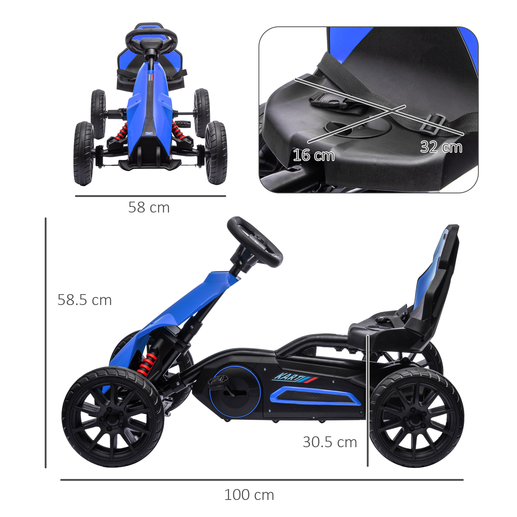 Un go-kart blu e nero con misure, mostrato dall'alto, dal lato e dalla vista frontale.