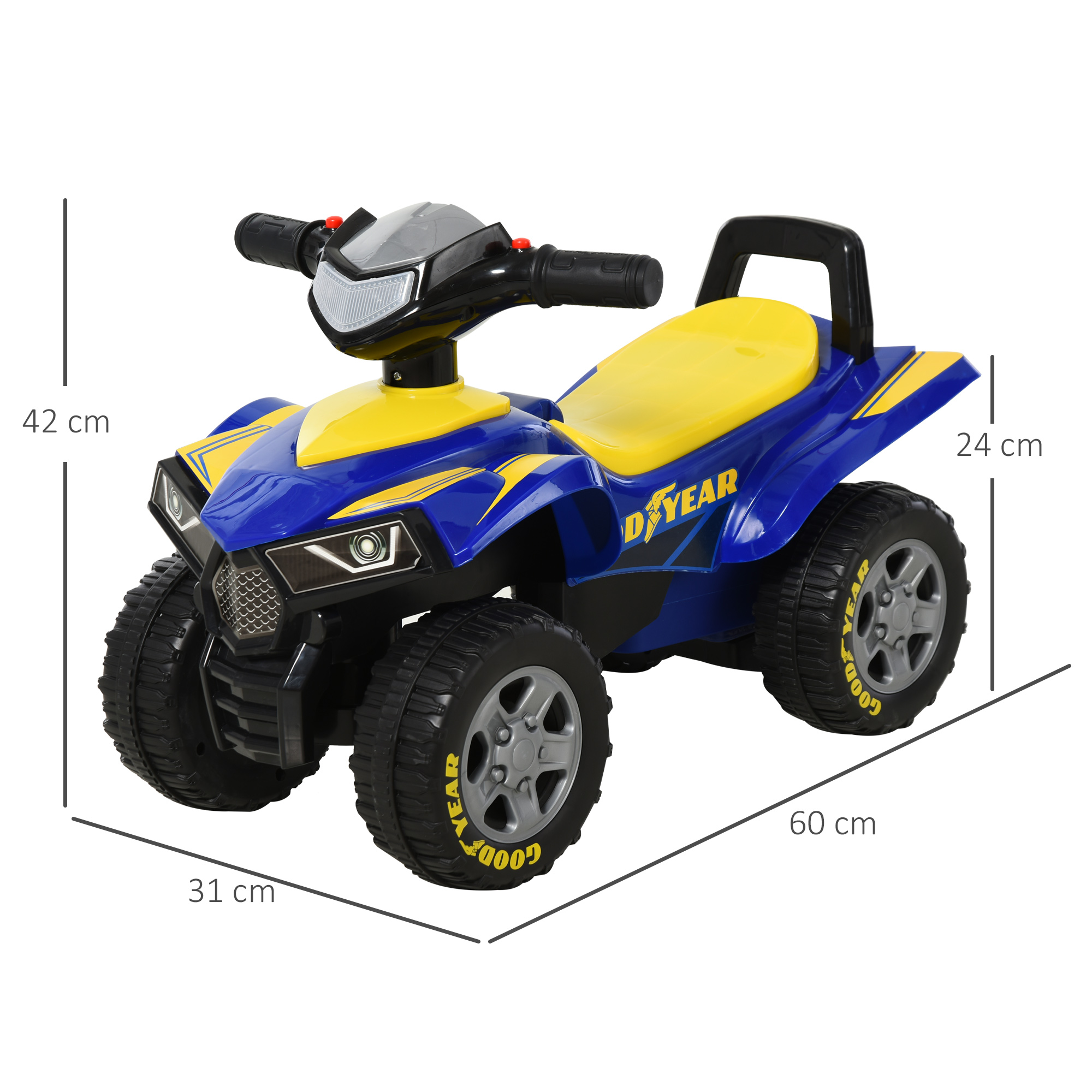 Juguete ATV azul y amarillo con medidas. Dimensiones incluyen largo, ancho y alto.