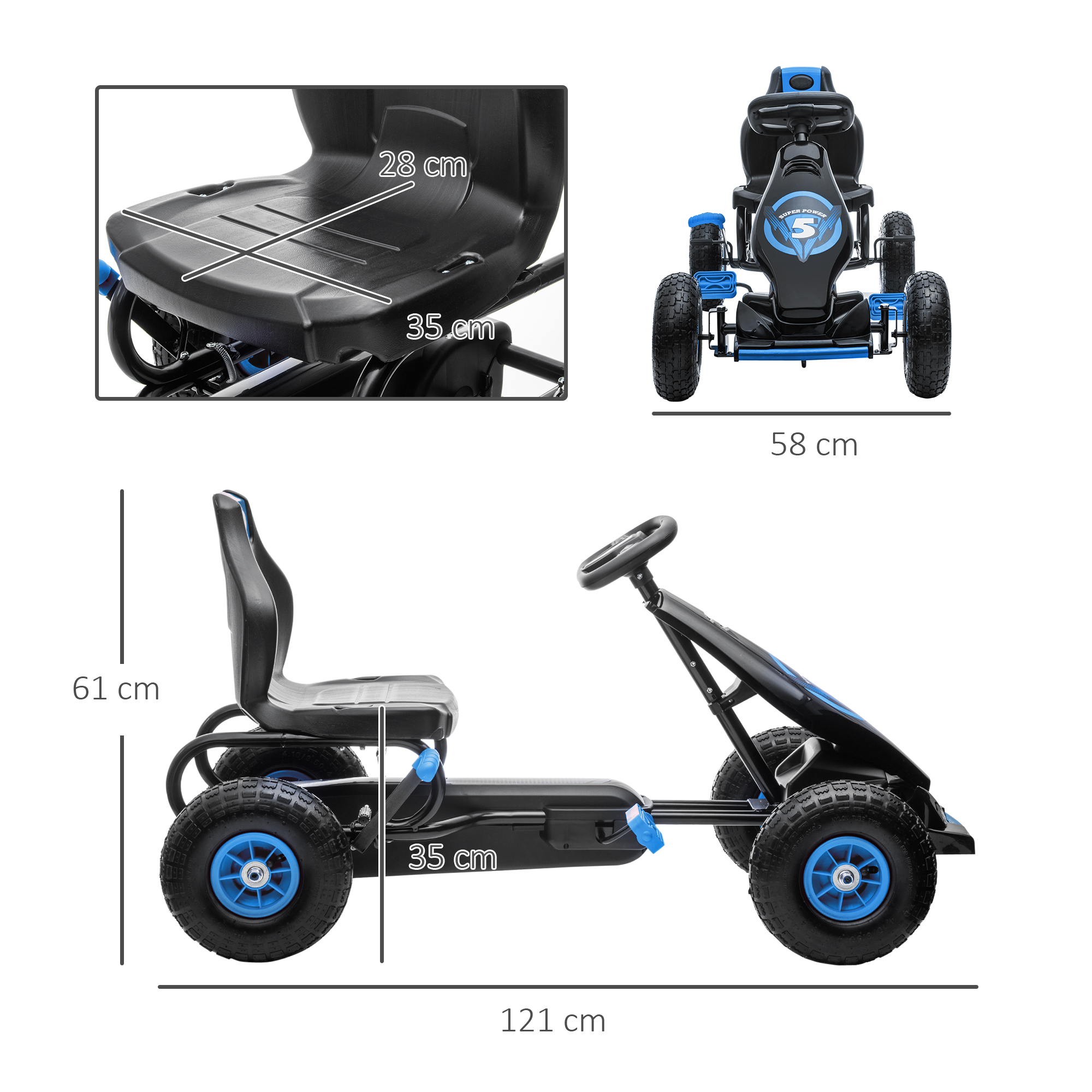 Go-kart negro y azul con dimensiones. Cuenta con asiento, ruedas y dirección.