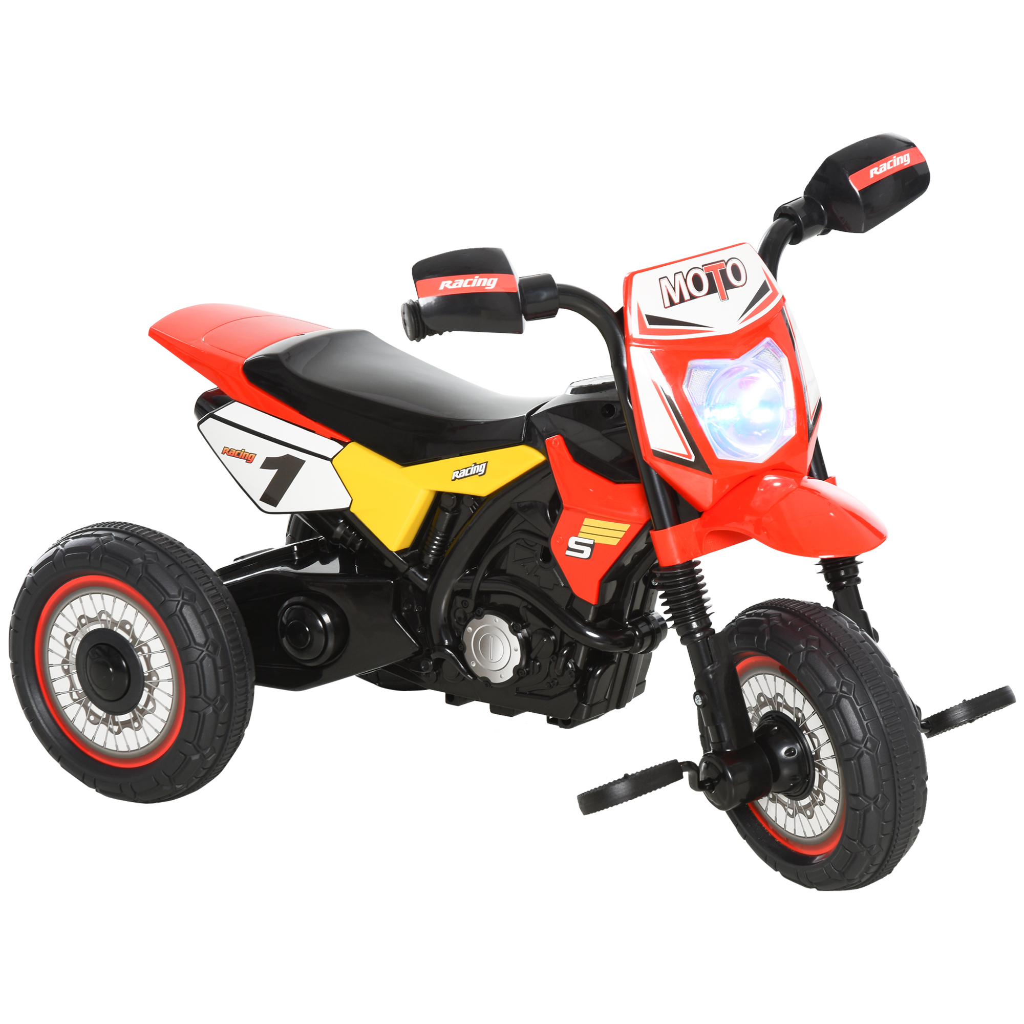 Moto giocattolo rossa, gialla e nera con tre ruote. È su sfondo bianco.