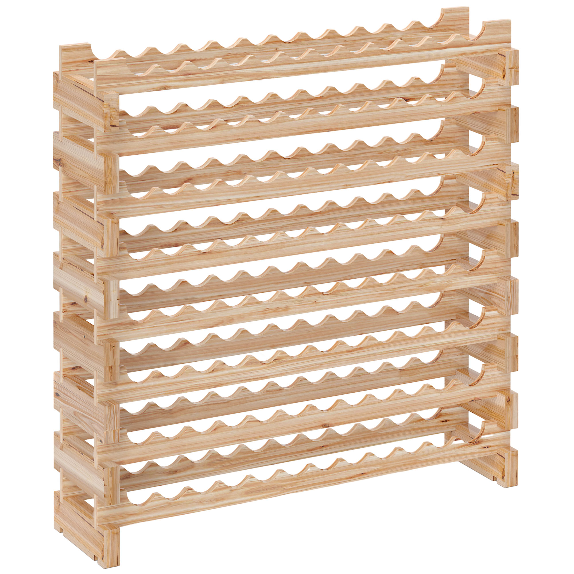 Portabottiglie in legno con ripiani ondulati. Legno verticale marrone chiaro. Vuoto, pronto per le bottiglie.