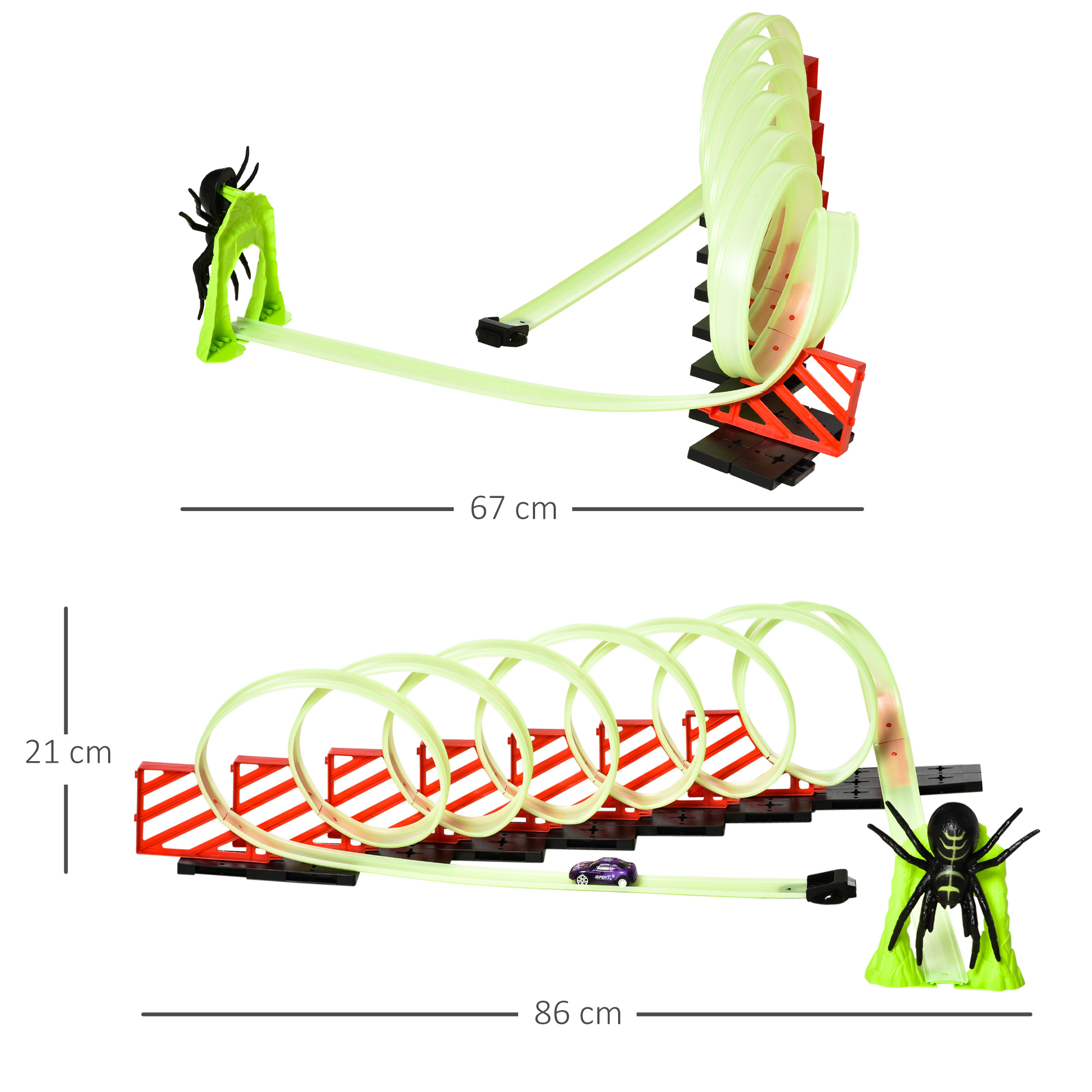Pista da corsa giocattolo con un loop, un'auto e ragni e barriere decorative. Sono incluse le misure.