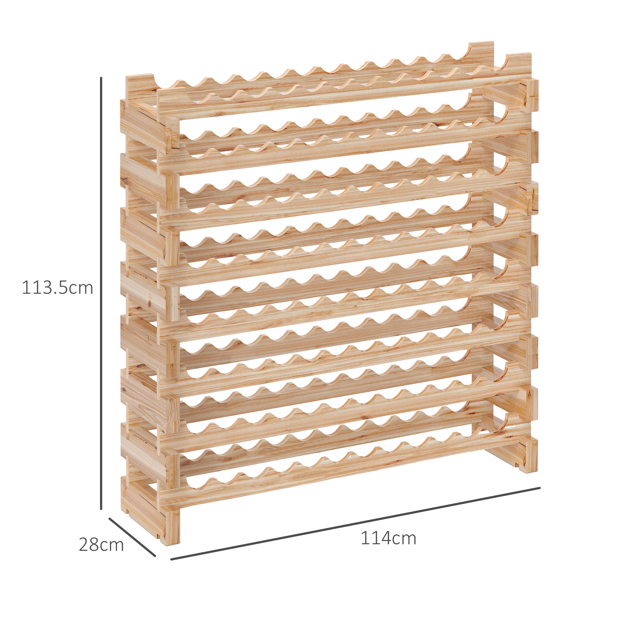 Portabottiglie in legno con più ripiani e misure, isolato su sfondo bianco.