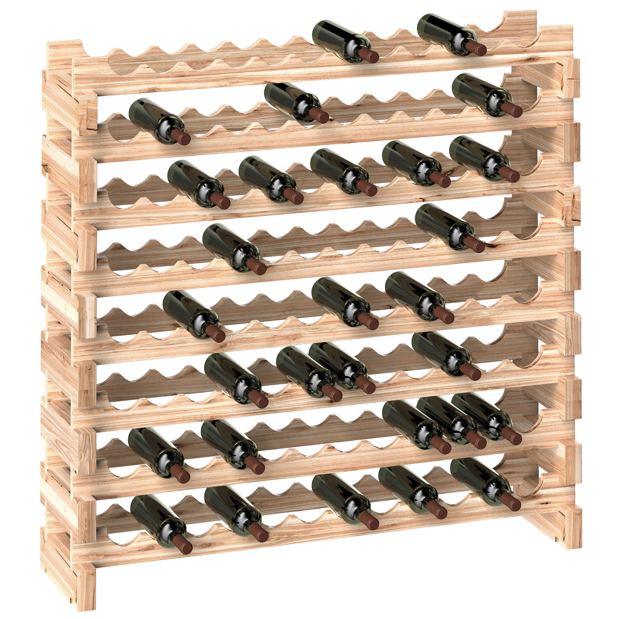 Portabottiglie in legno con più bottiglie, disposte in file, su sfondo bianco.