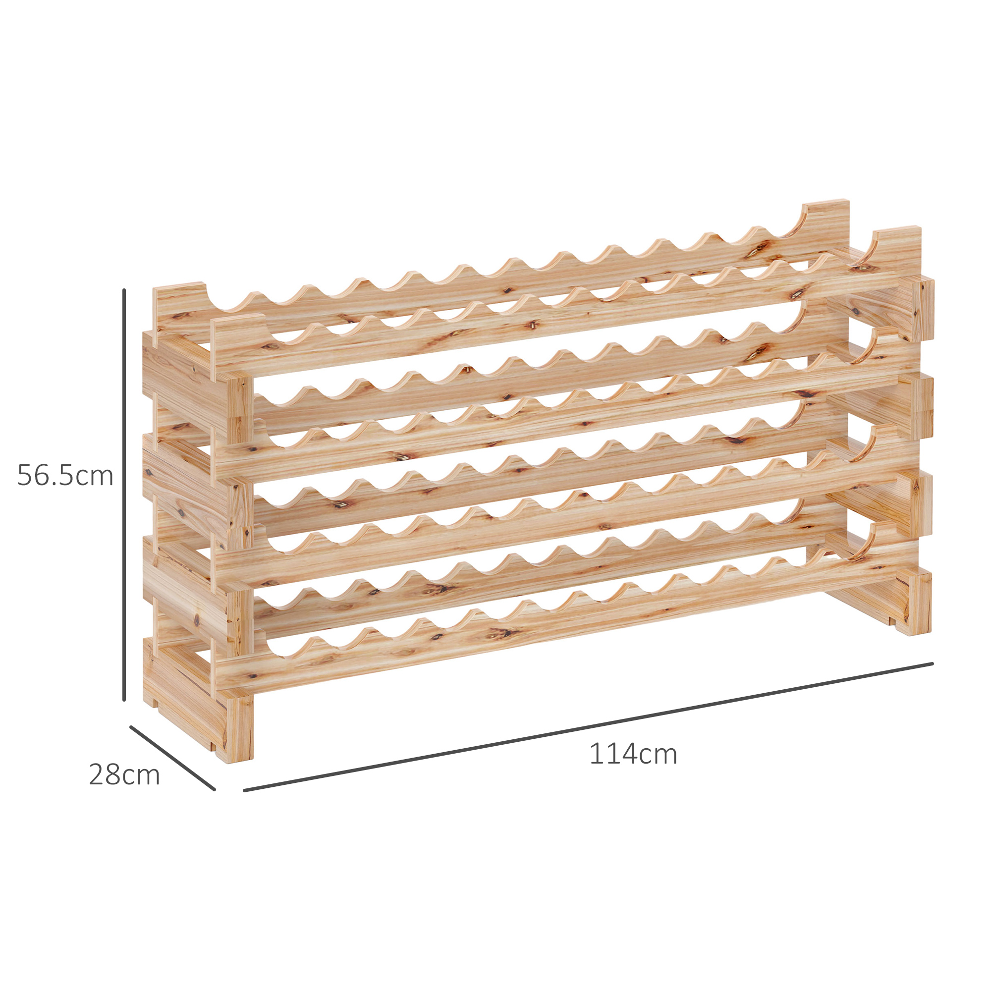 Portabottiglie in legno con misure. 56,5 cm altezza, 114 cm larghezza e 28 cm profondità.