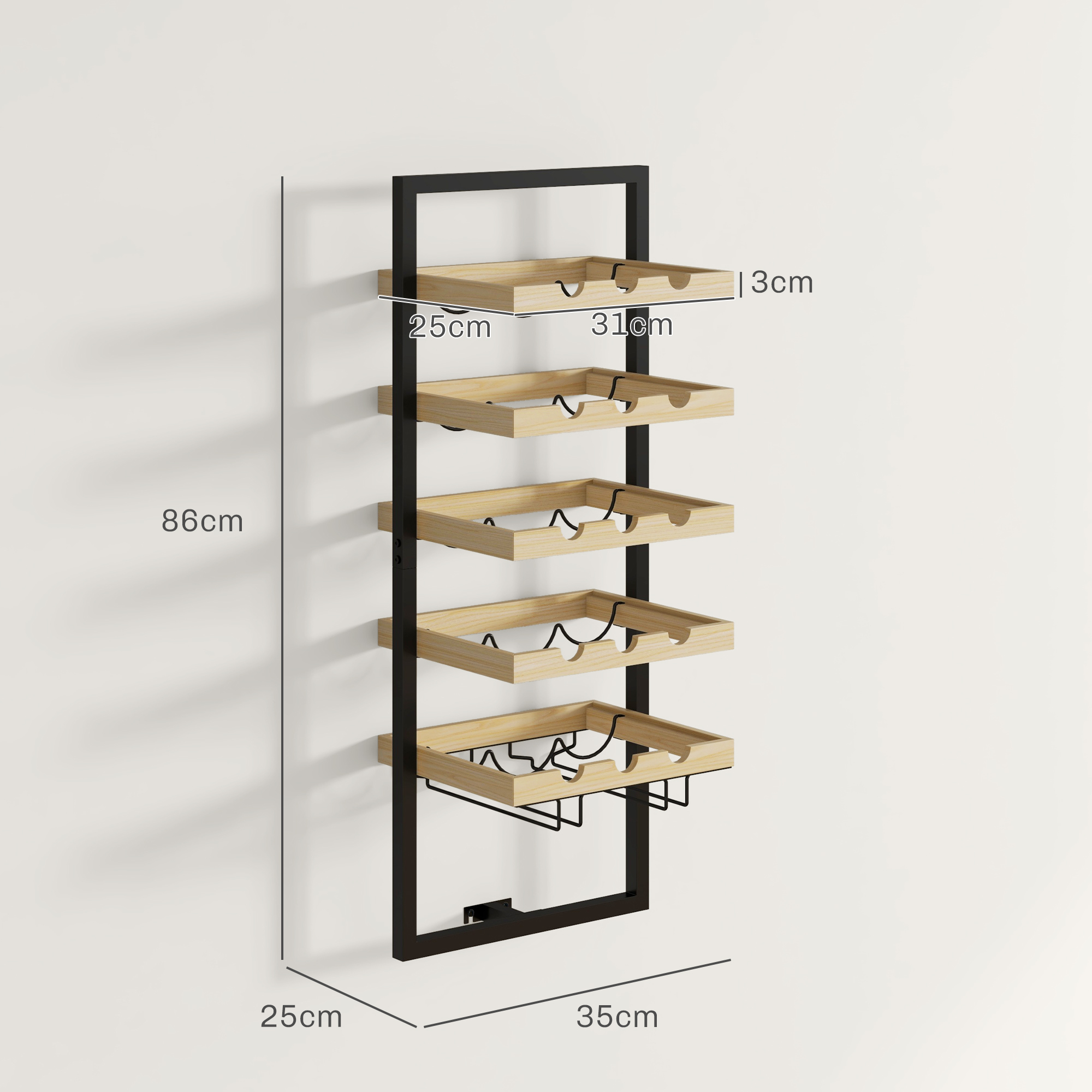 Portabottiglie a parete con ripiani in legno e supporti metallici. Le dimensioni sono incluse.