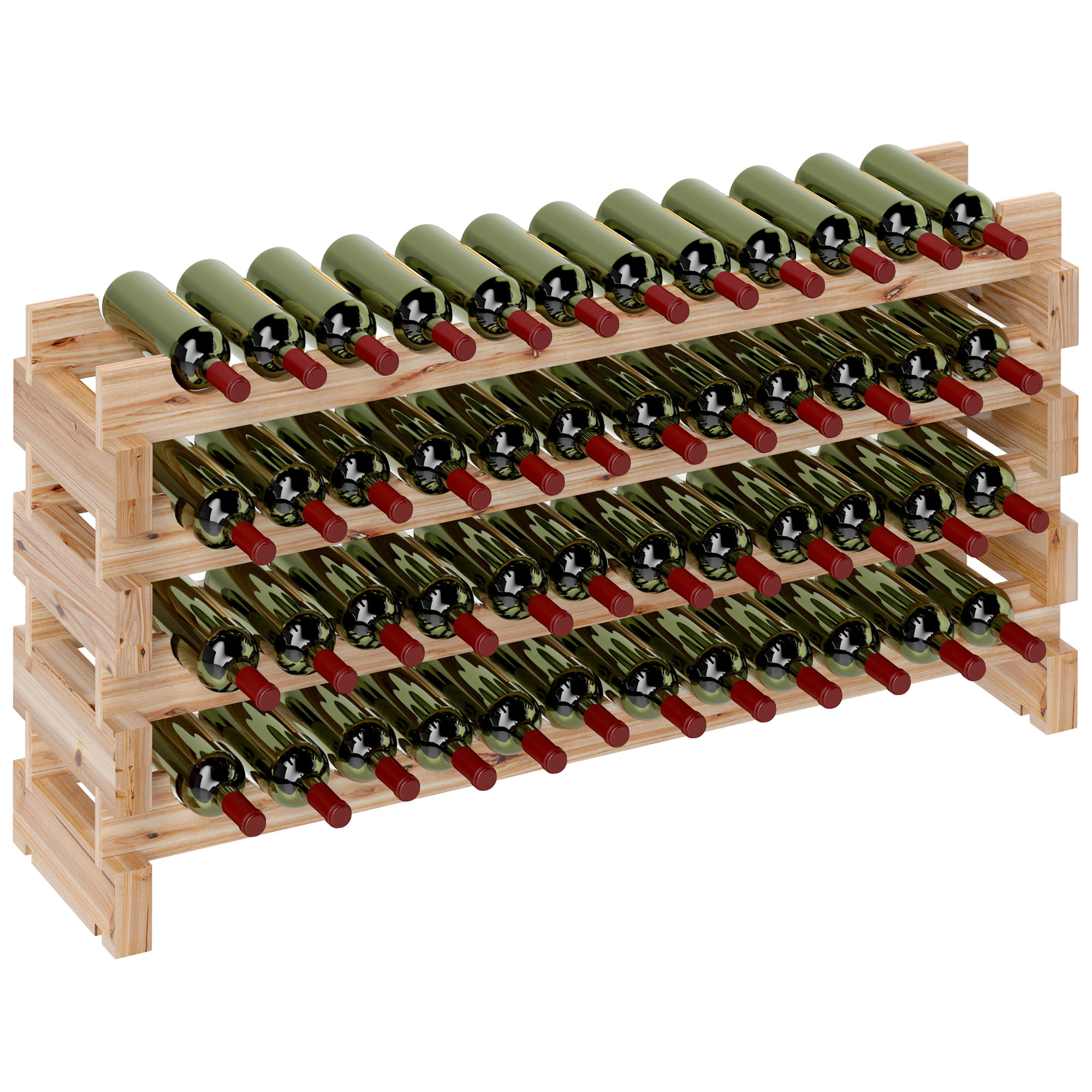 Portabottiglie in legno con molte bottiglie di vino. Le bottiglie sono verdi con tappi rossi. Lo scaffale è marrone.