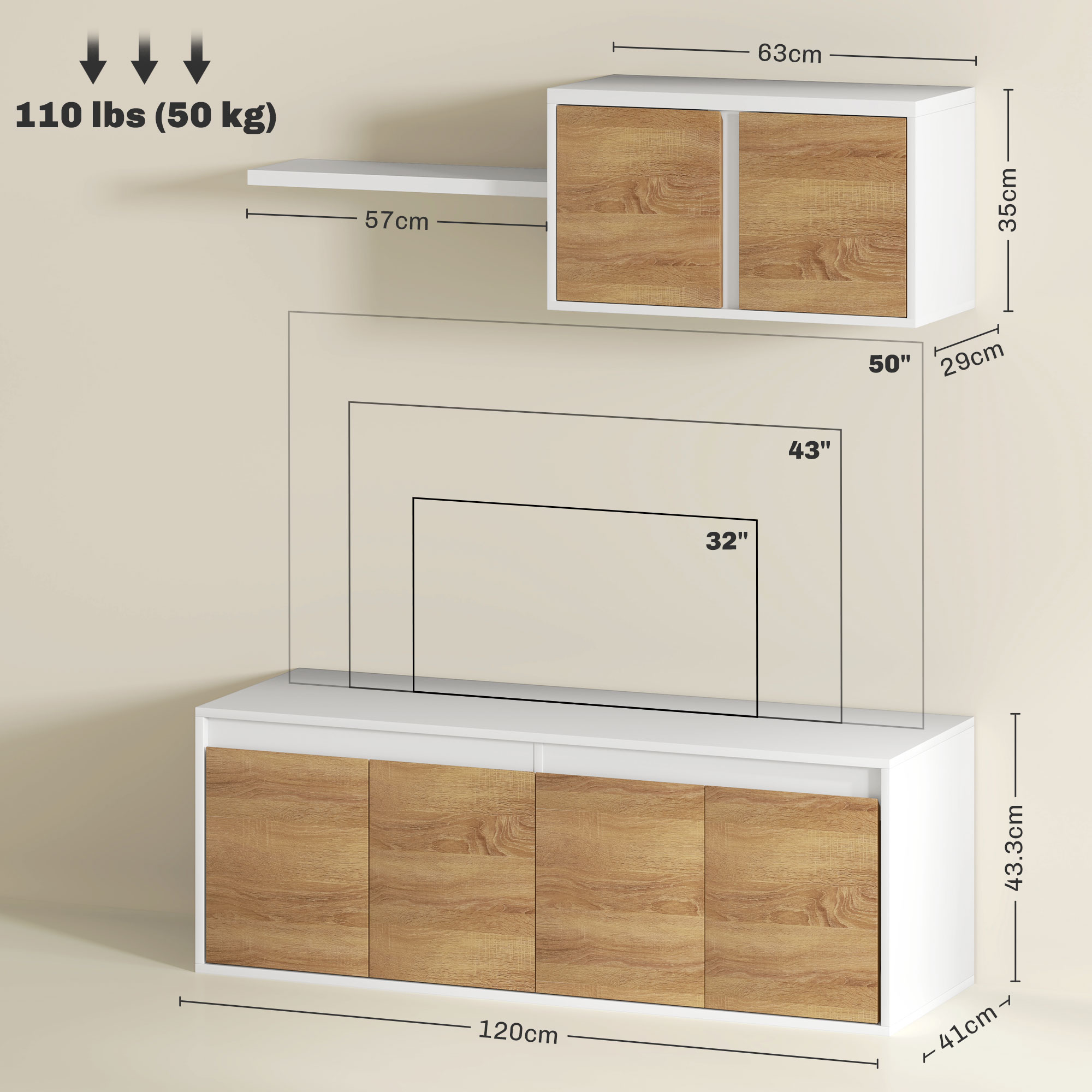 Mobile bianco e legno con dimensioni. 120 cm largo, 43.3 cm alto. Supporta fino a 110 libbre.