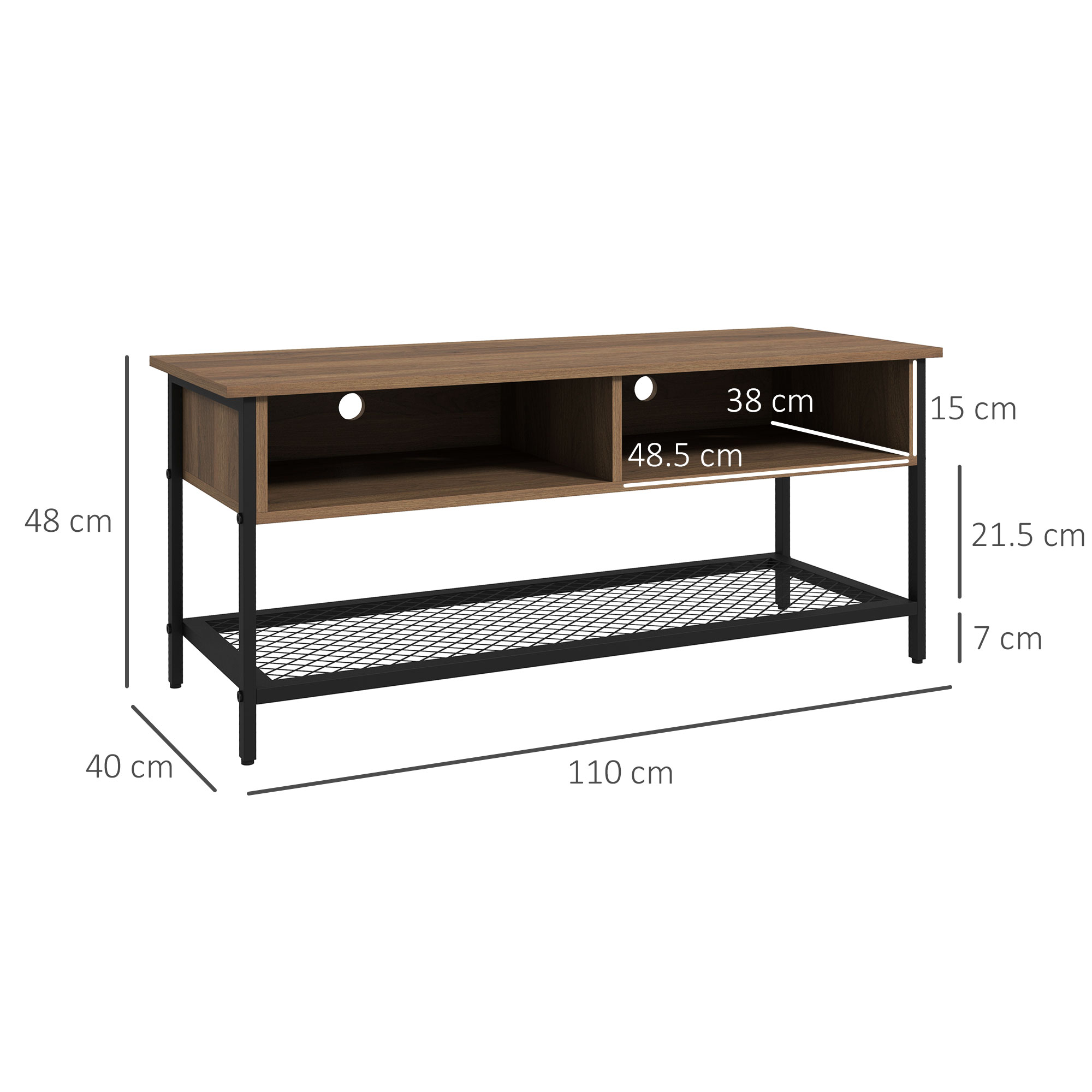 Mobile TV con dimensioni: 110cm lungo, 48cm alto e 40cm profondo, con ripiano a filo.