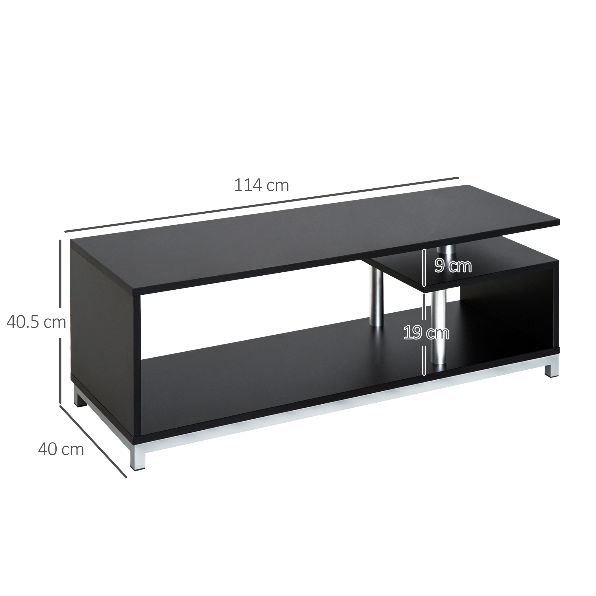 Tavolino nero con dimensioni. 114 cm largo, 40,5 cm alto e 40 cm profondo.