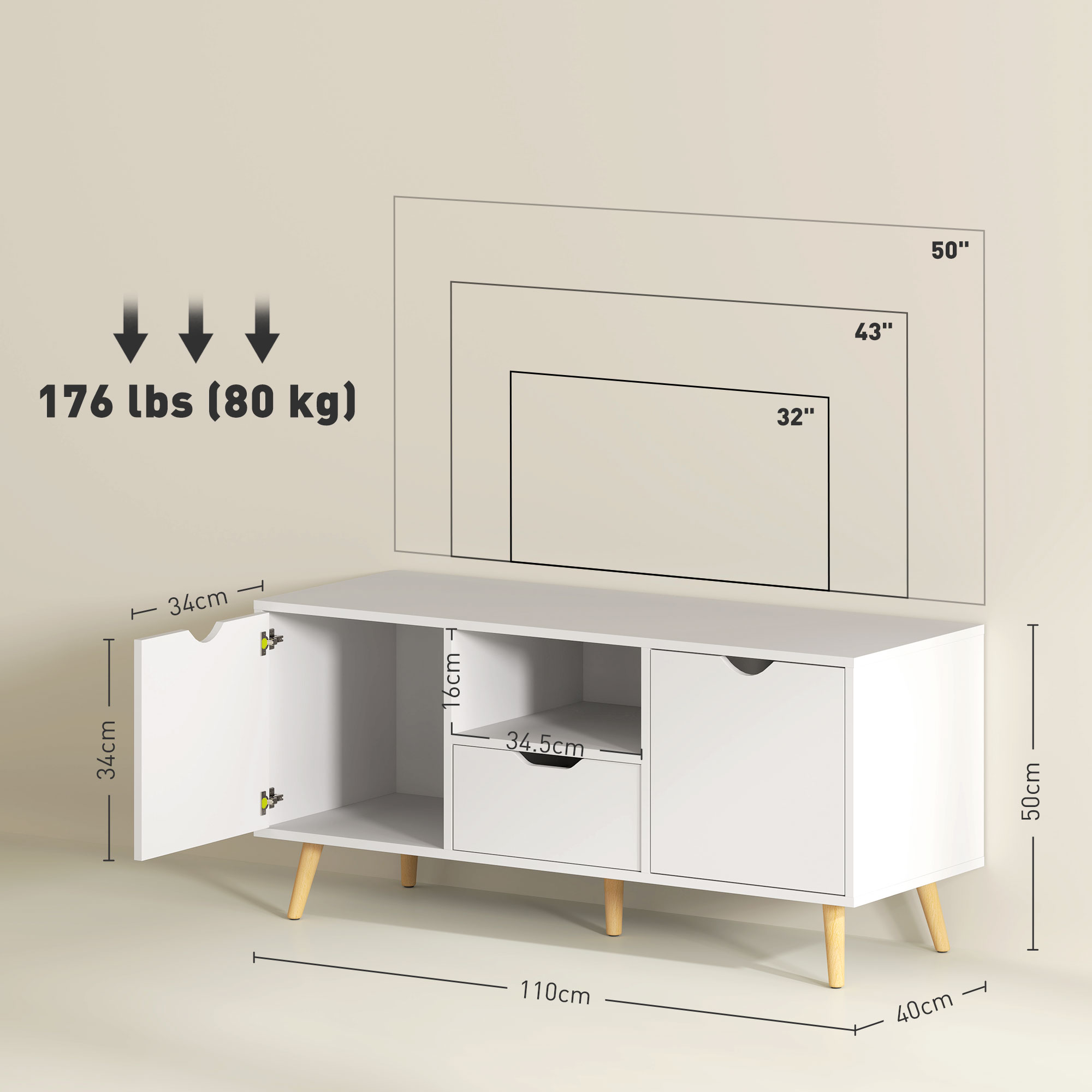 Mobile TV bianco con porta aperta, dimensioni e diagramma delle dimensioni TV.