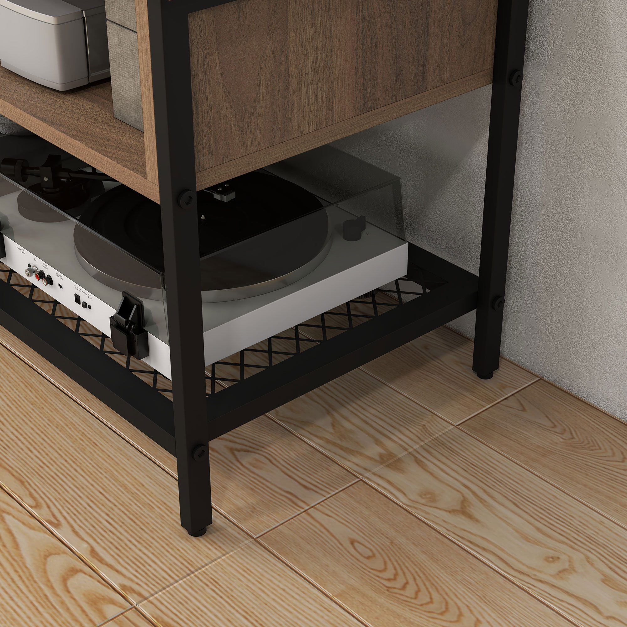 Una mensola in legno con giradischi, telaio in metallo e pavimenti in legno.