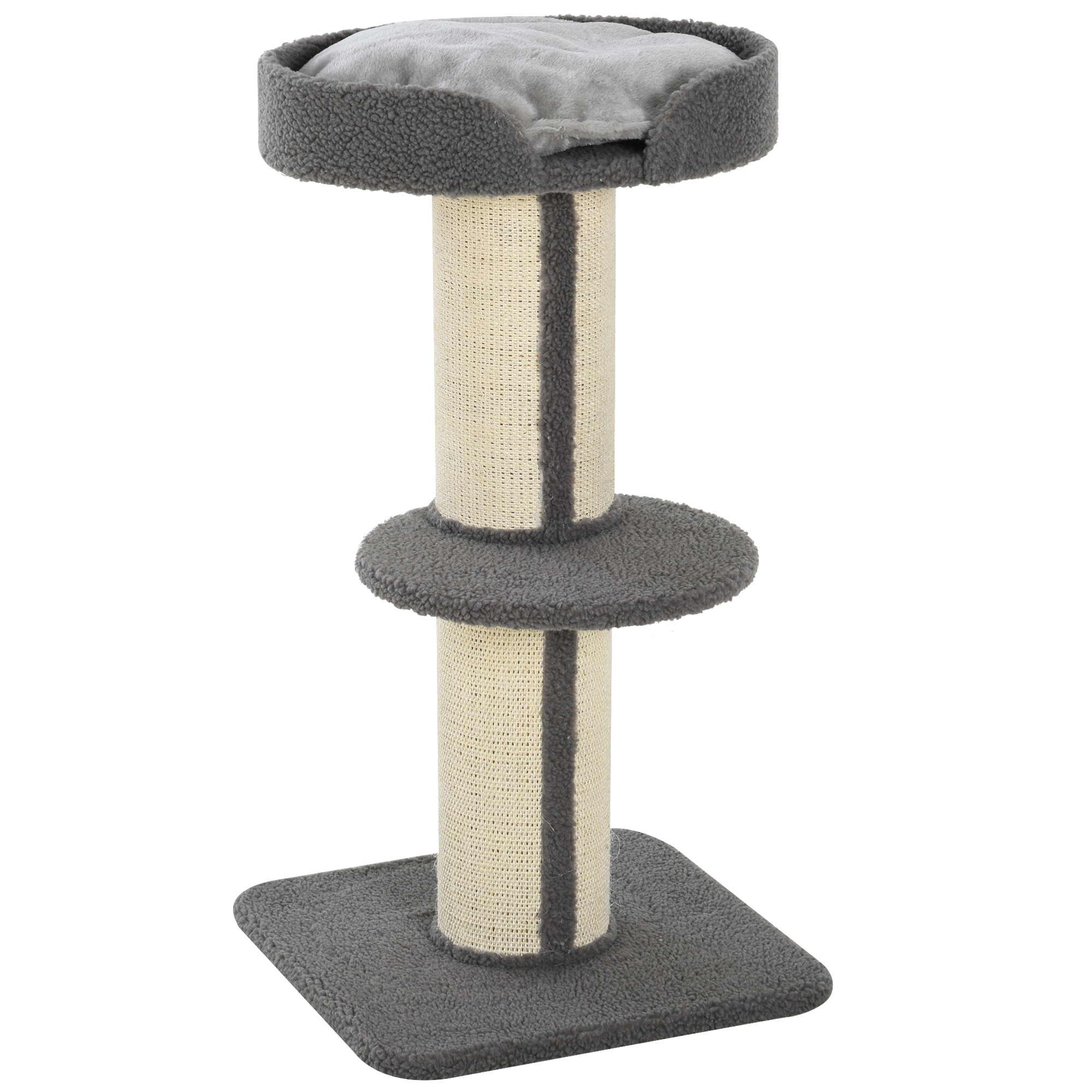 Katzenkratzbaum mit zwei Plattformen und einem obersten Bett. Beige und graue Farben.