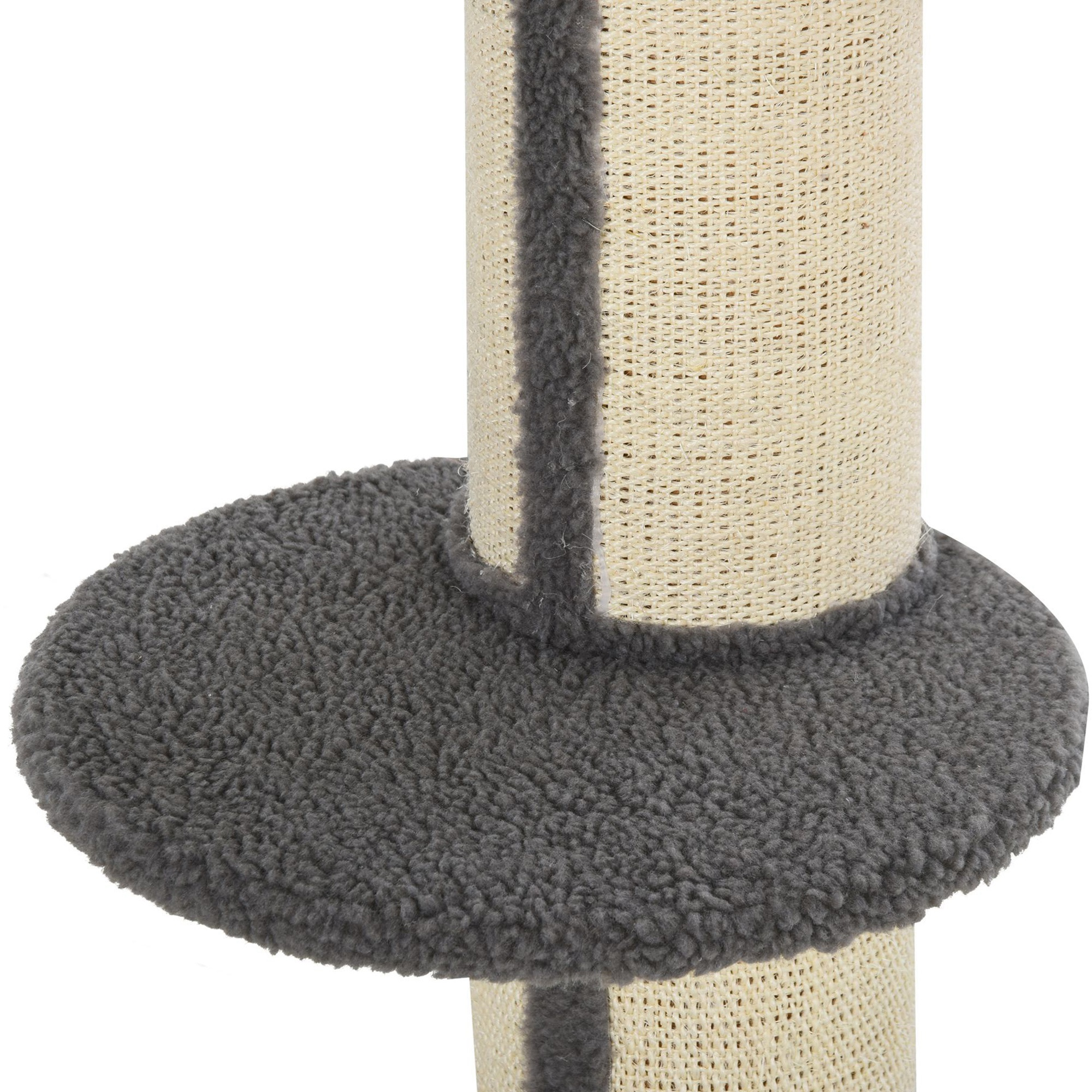 Tiragraffi per gatti con peluche grigio e sisal beige.