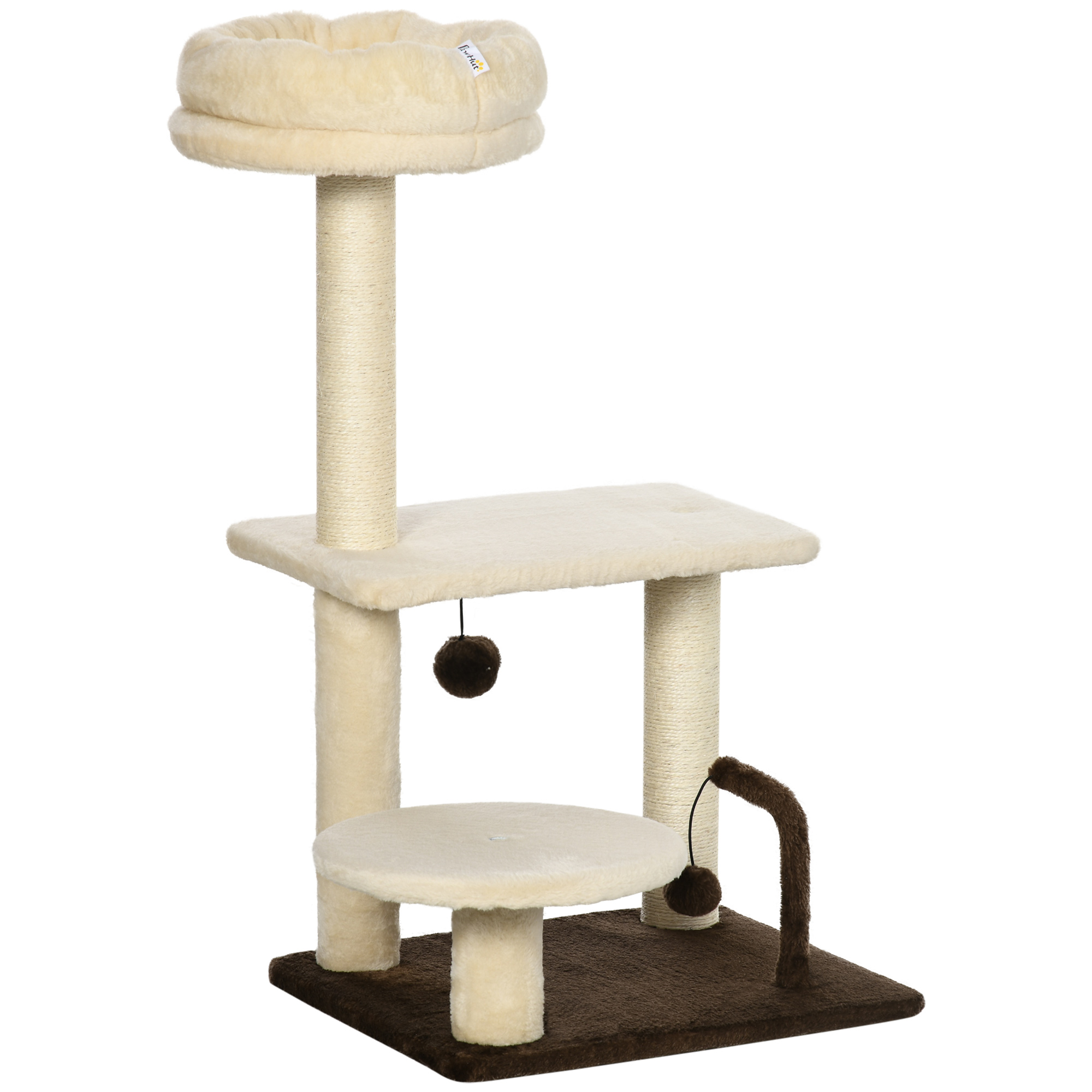 Albero per gatti beige con tre livelli. Una palla è appesa alla piattaforma superiore. Base marrone scuro.