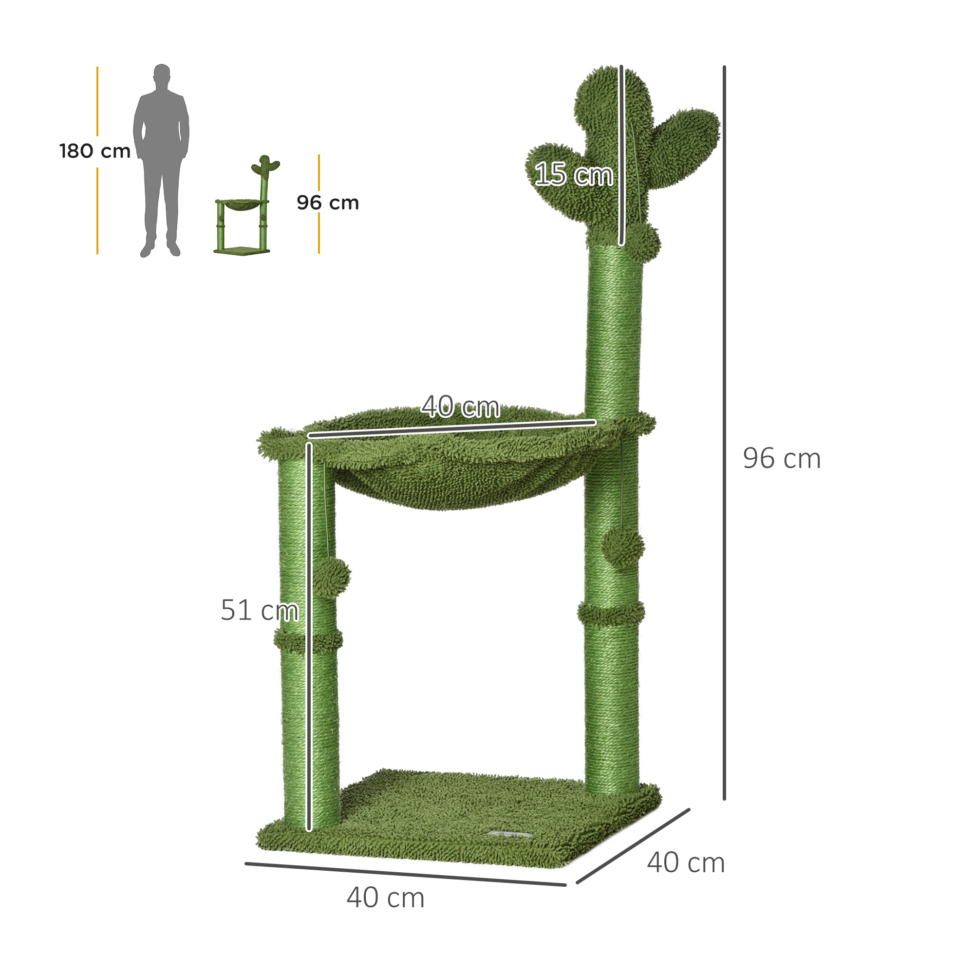 Un albero per gatti verde con design a cactus, dimensioni etichettate. Una figura umana è accanto.