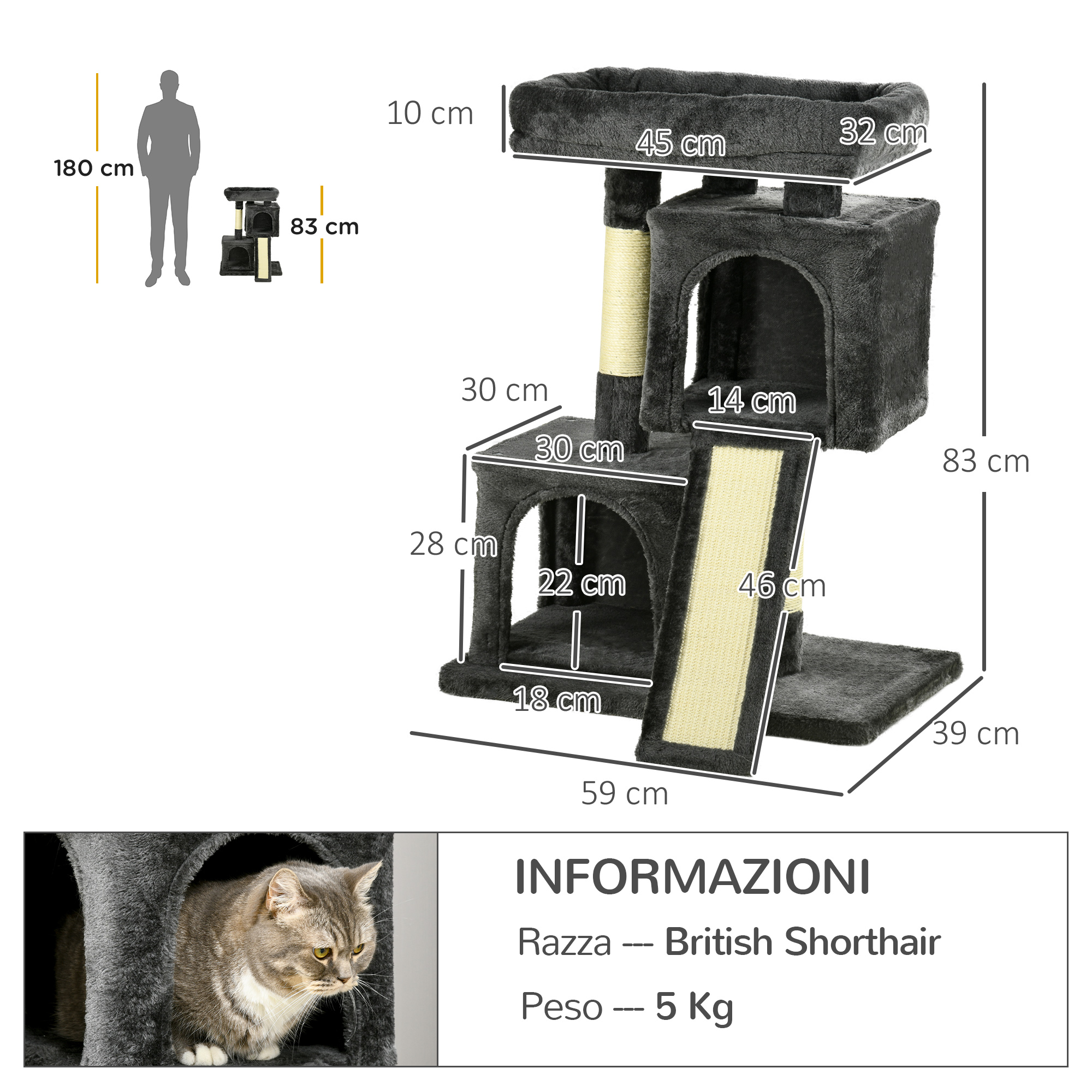 Tiragraffi con dimensioni, box informazioni. Tiragraffi grigio con gatto.