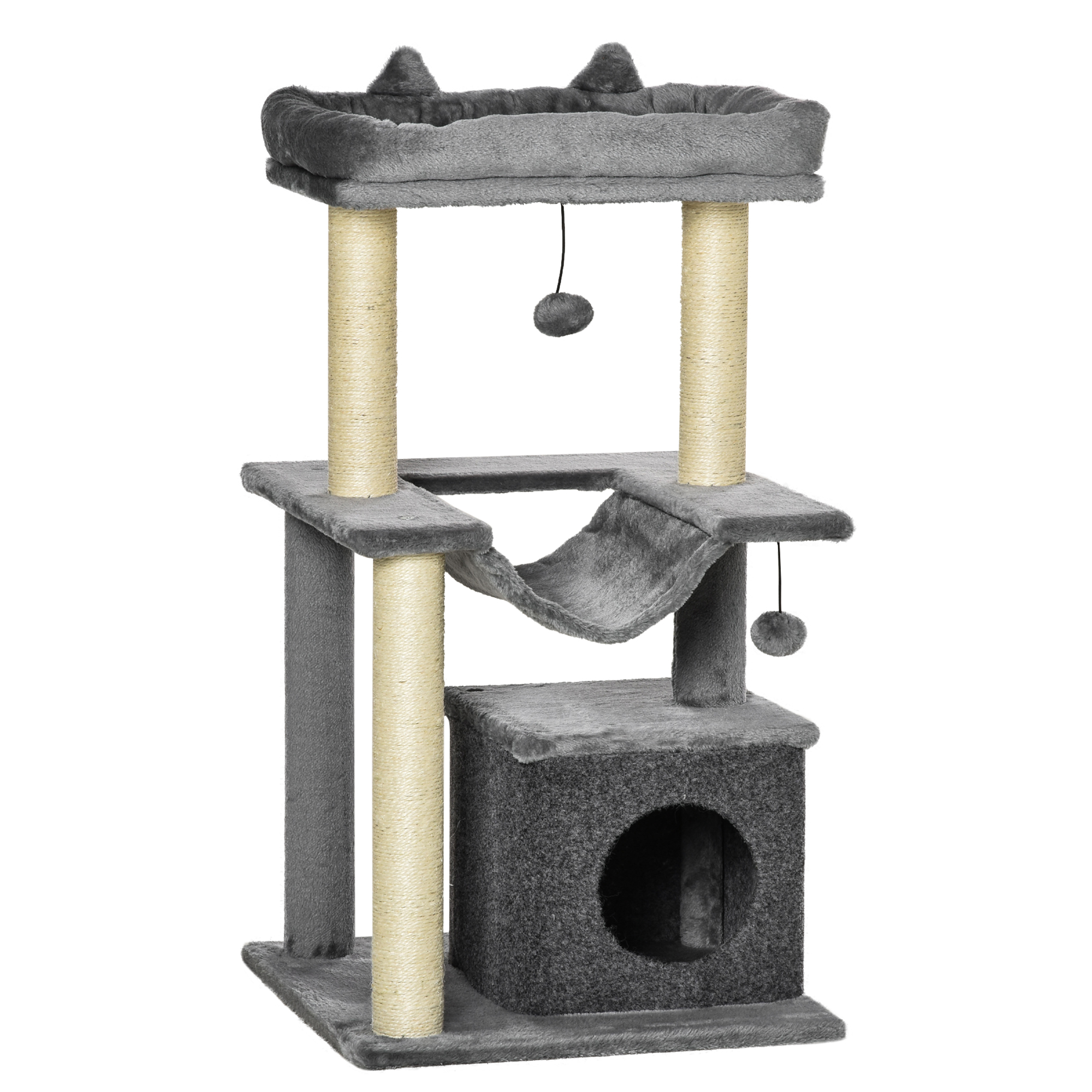 Un albero per gatti grigio, con una cuccia per gatti e un giocattolo per gatti.