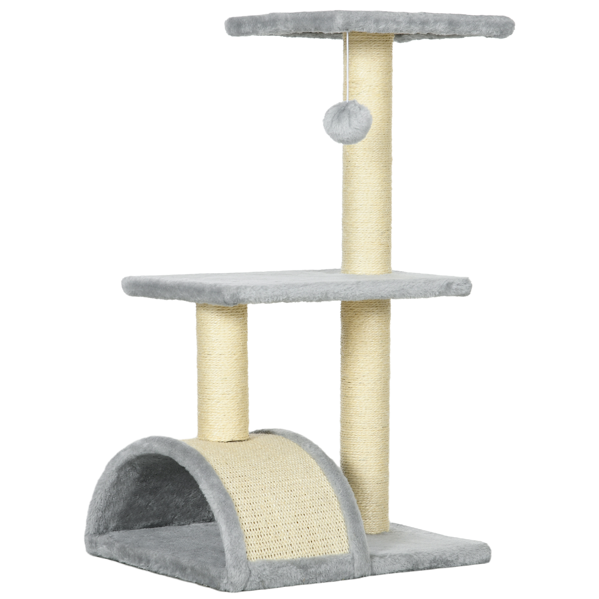 Albero per gatti grigio, tre livelli. Base ad arco, due pali e una palla sospesa. Colori beige e grigio.