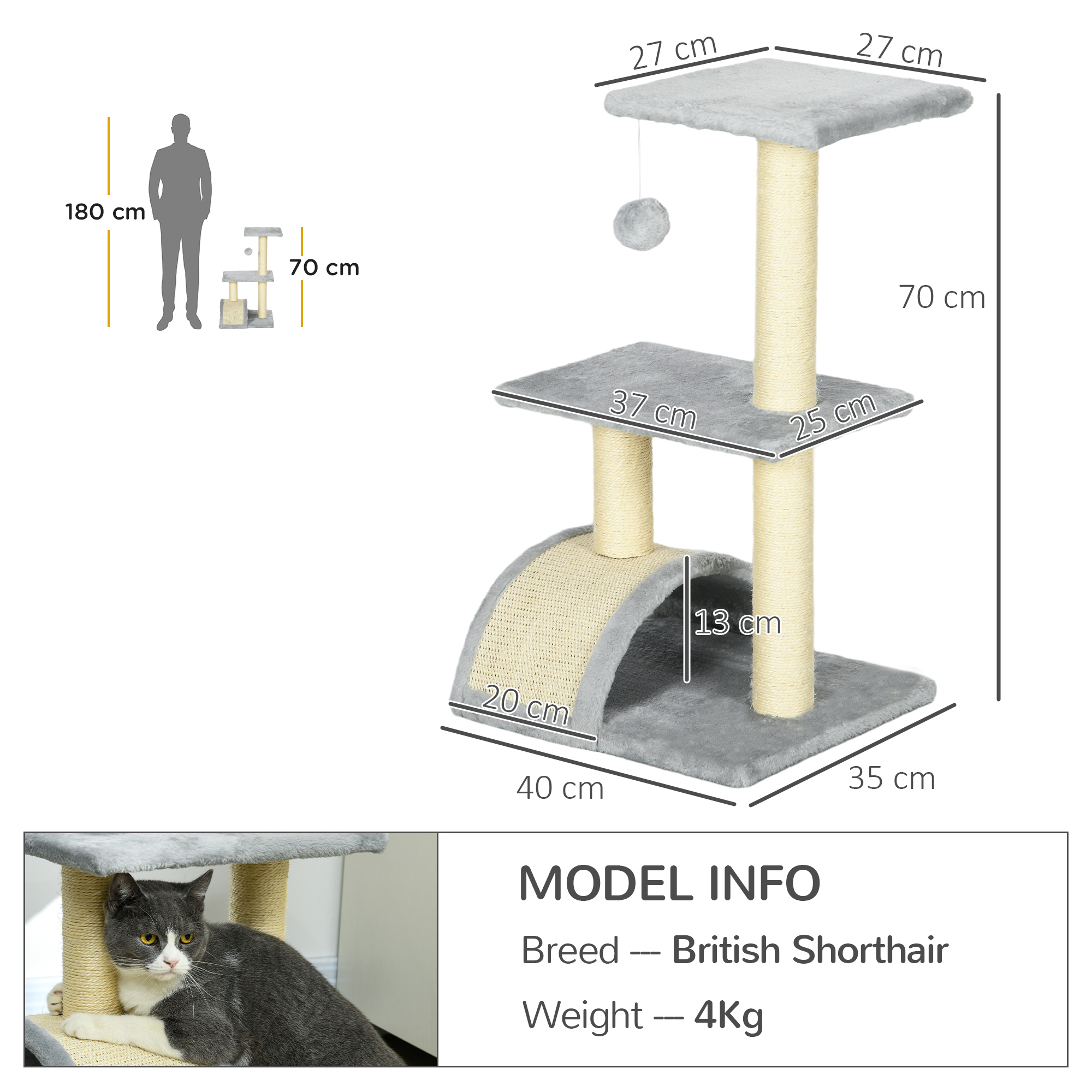 Árbol para gatos - PAWHUT D30-351V00LG, para Gato, Gris