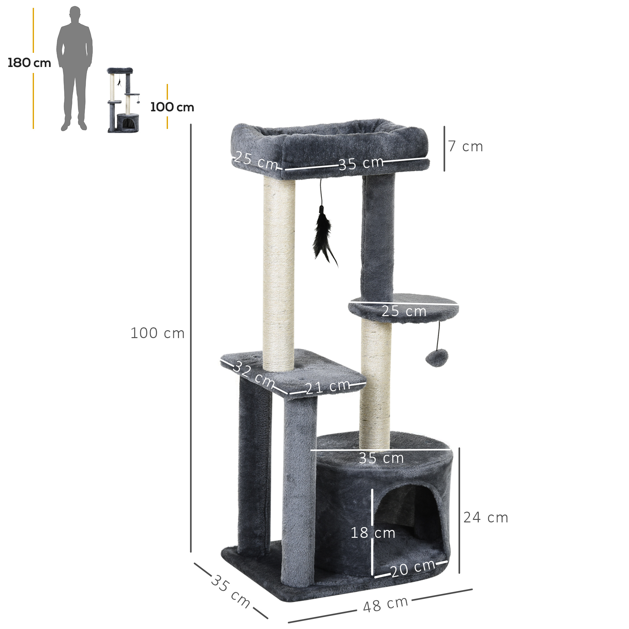 Albero per gatti con dimensioni, con un tiragraffi grigio.