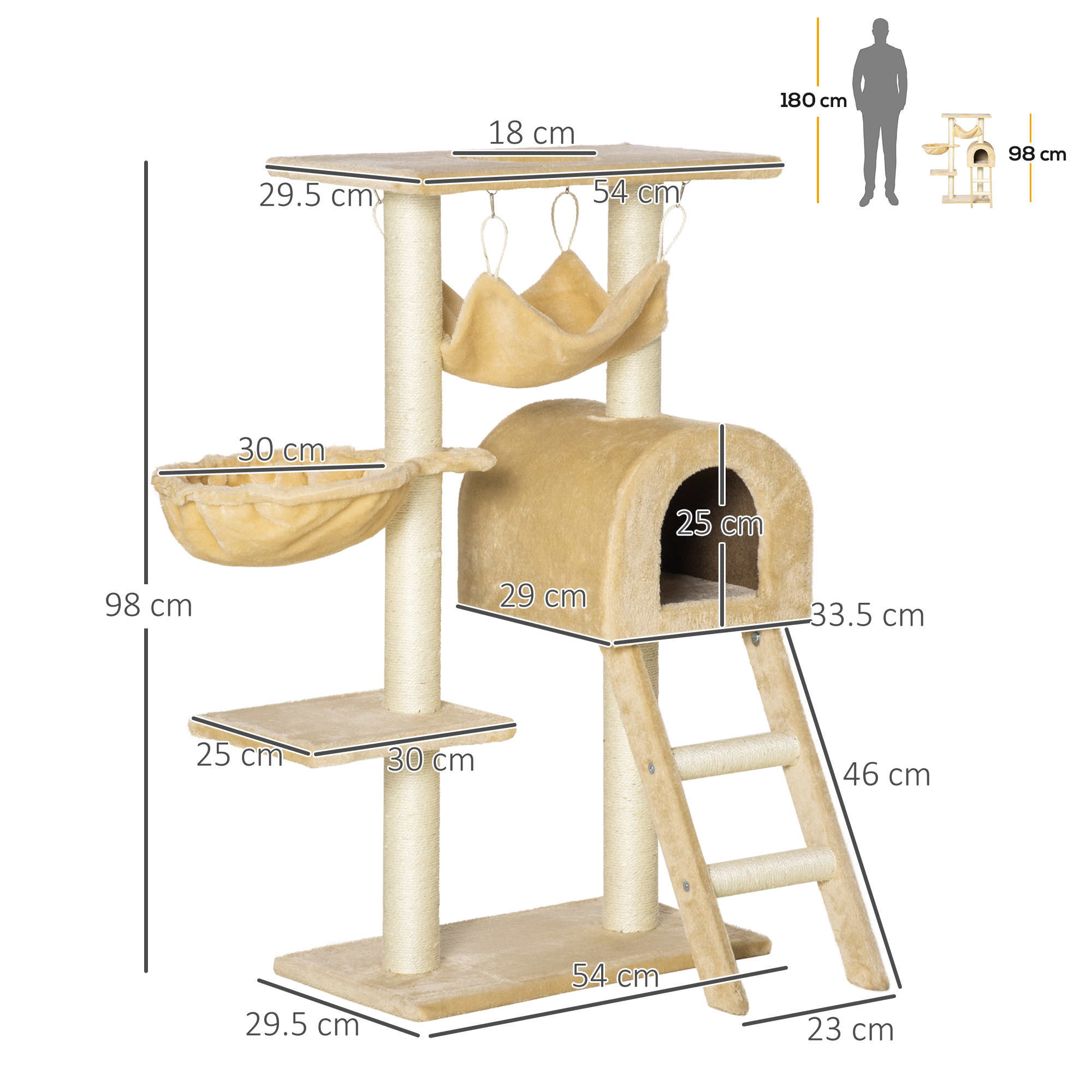 Albero per gatti con più livelli, scala e amaca. Toni beige e marroni con misure.