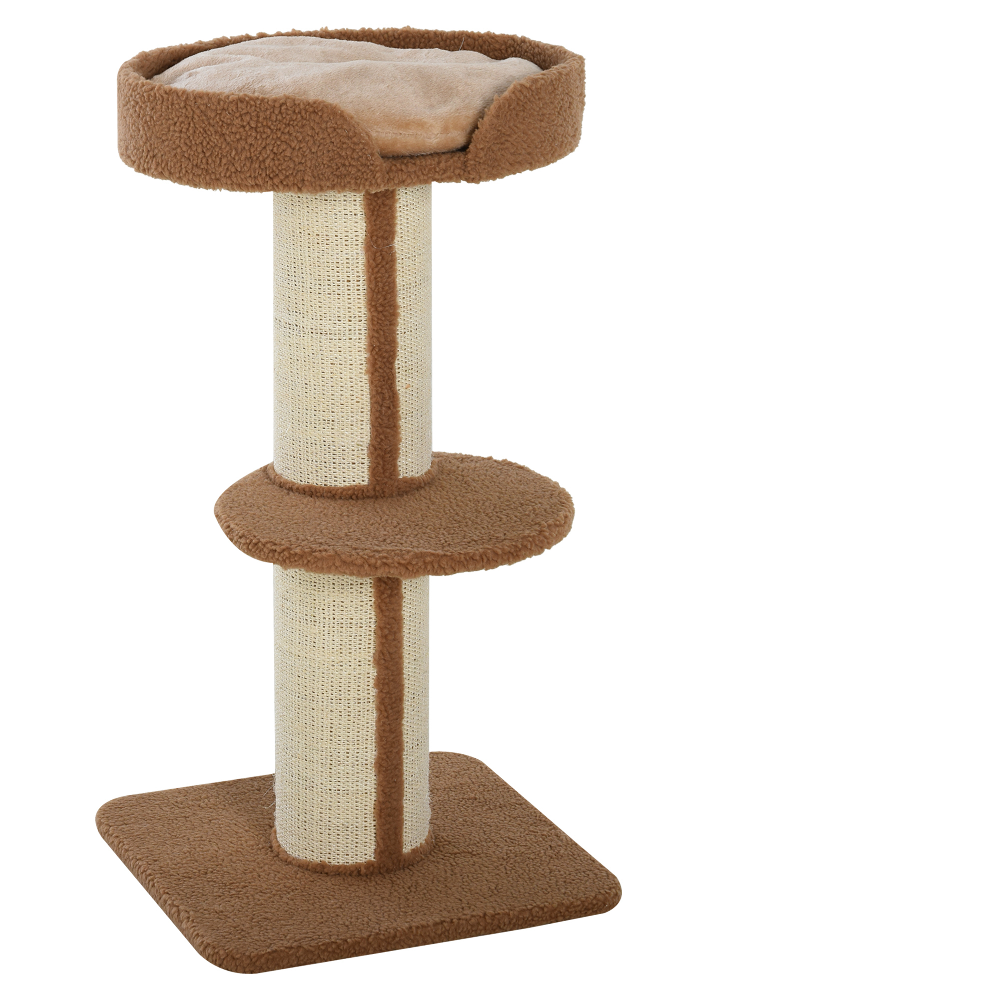 Albero per gatti beige con una piattaforma superiore rotonda e una base quadrata. Ha pali per graffiare.