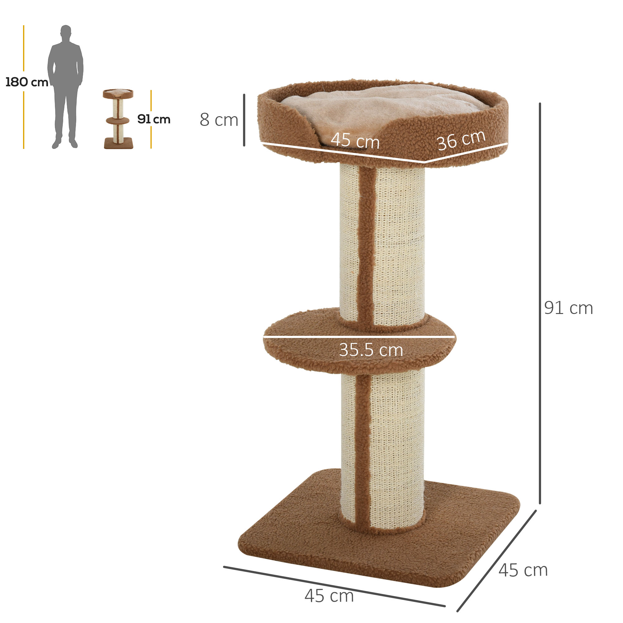 Un albero per gatti a due livelli, mostrato con dimensioni e una figura umana per la scala. L'albero è marrone e ha un tiragraffi.