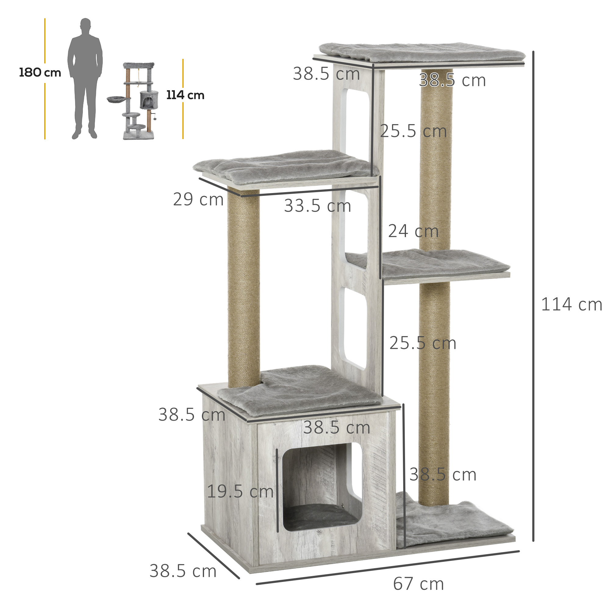Diagramma dettagliato di un albero per gatti con dimensioni in cm, una figura umana per la scala.