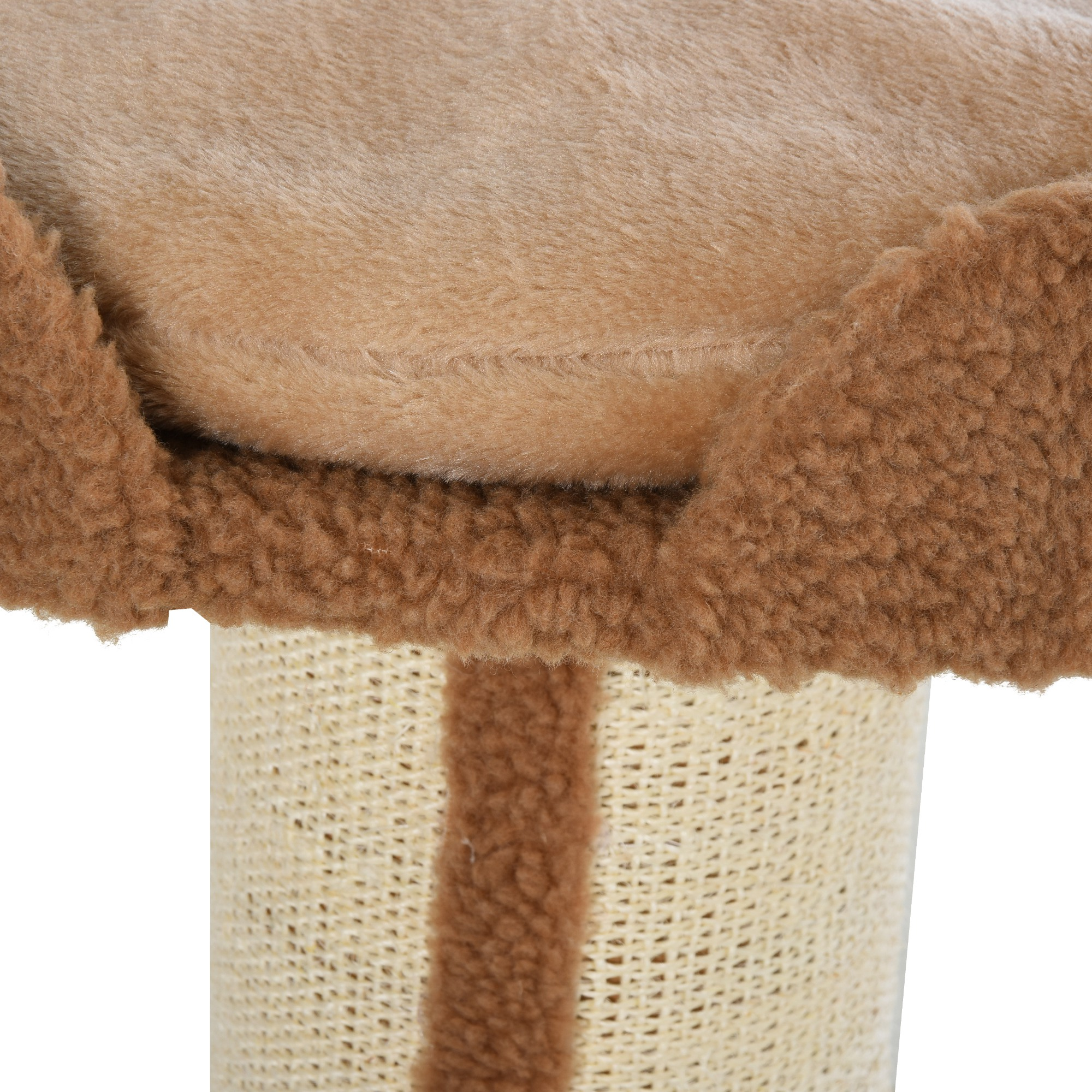Albero per gatti con letto in peluche marrone chiaro e colonna beige.