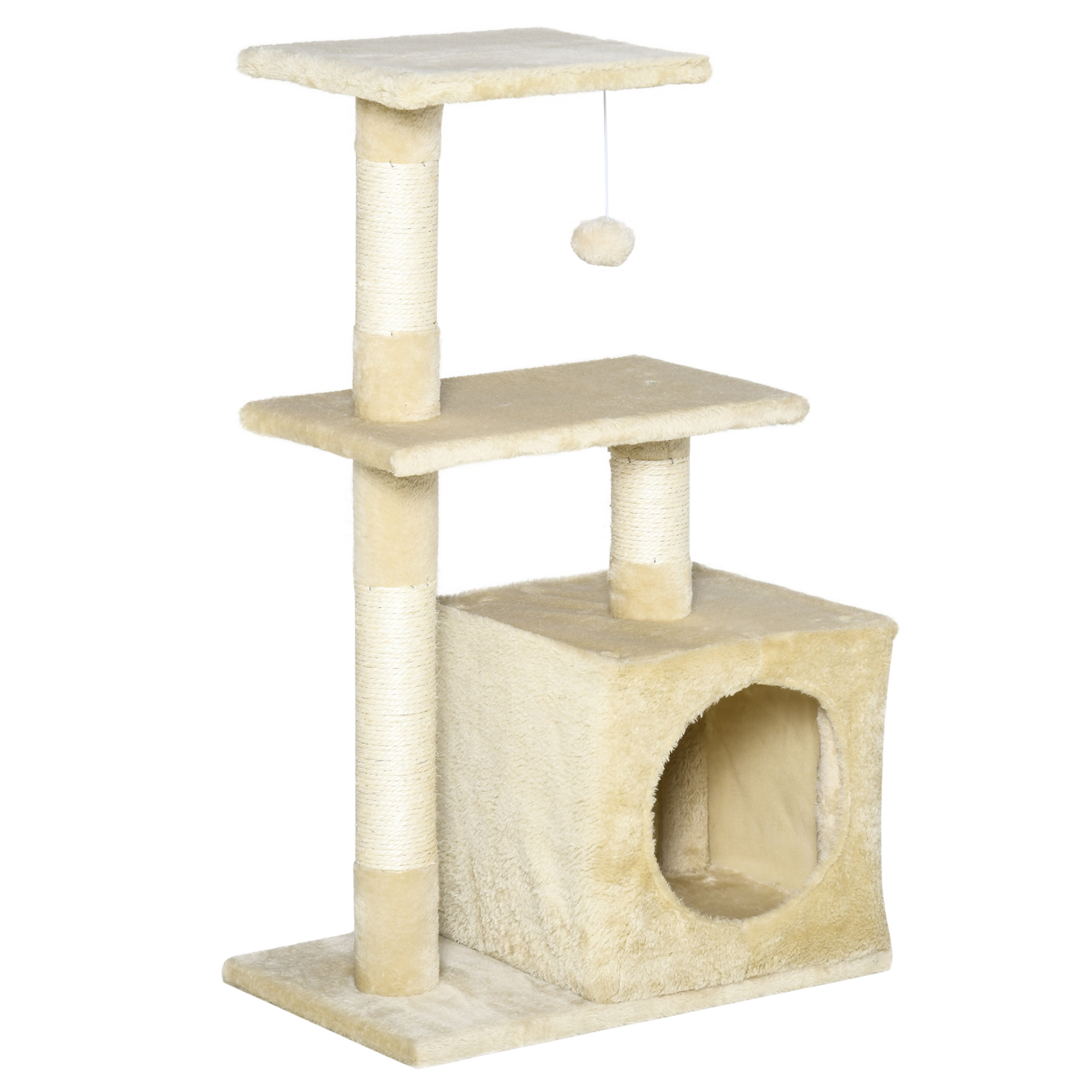 Un albero per gatti beige con più livelli. Ha tiragraffi e una palla appesa. Si trova su un tappeto beige.