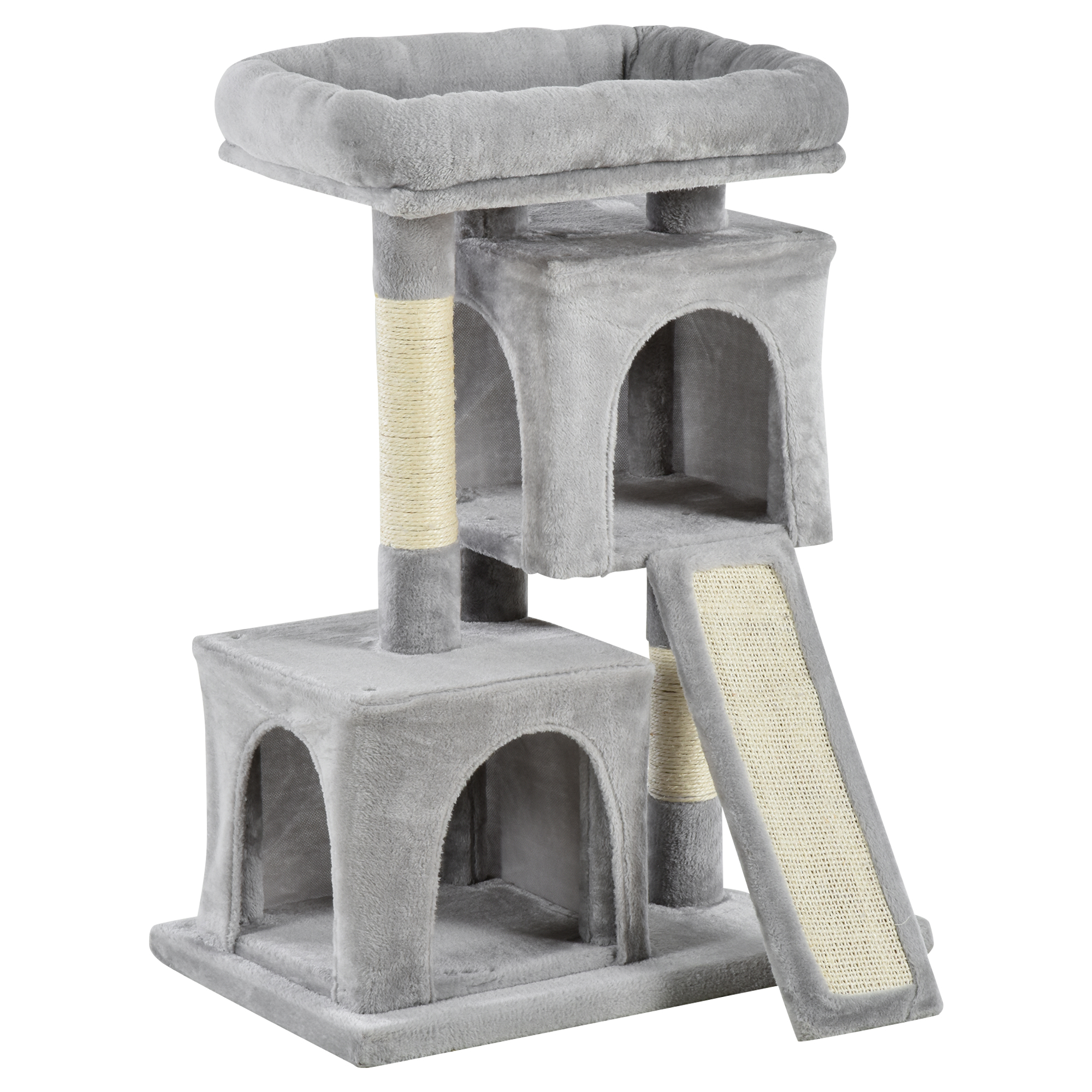 Un albero per gatti grigio con più livelli, tra cui una rampa e una cuccia per gatti. L'albero è su sfondo bianco.