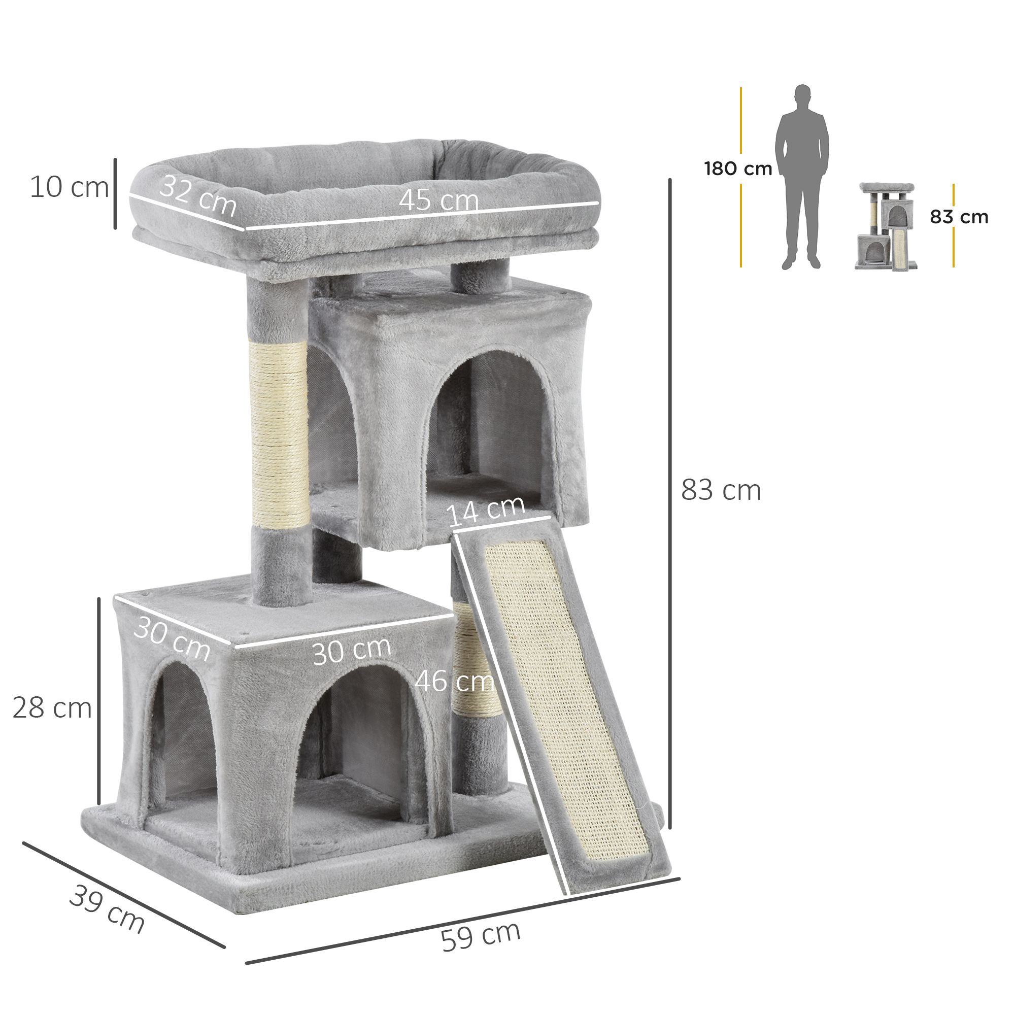 Un tiragraffi grigio con dimensioni. Include una rampa e più livelli.