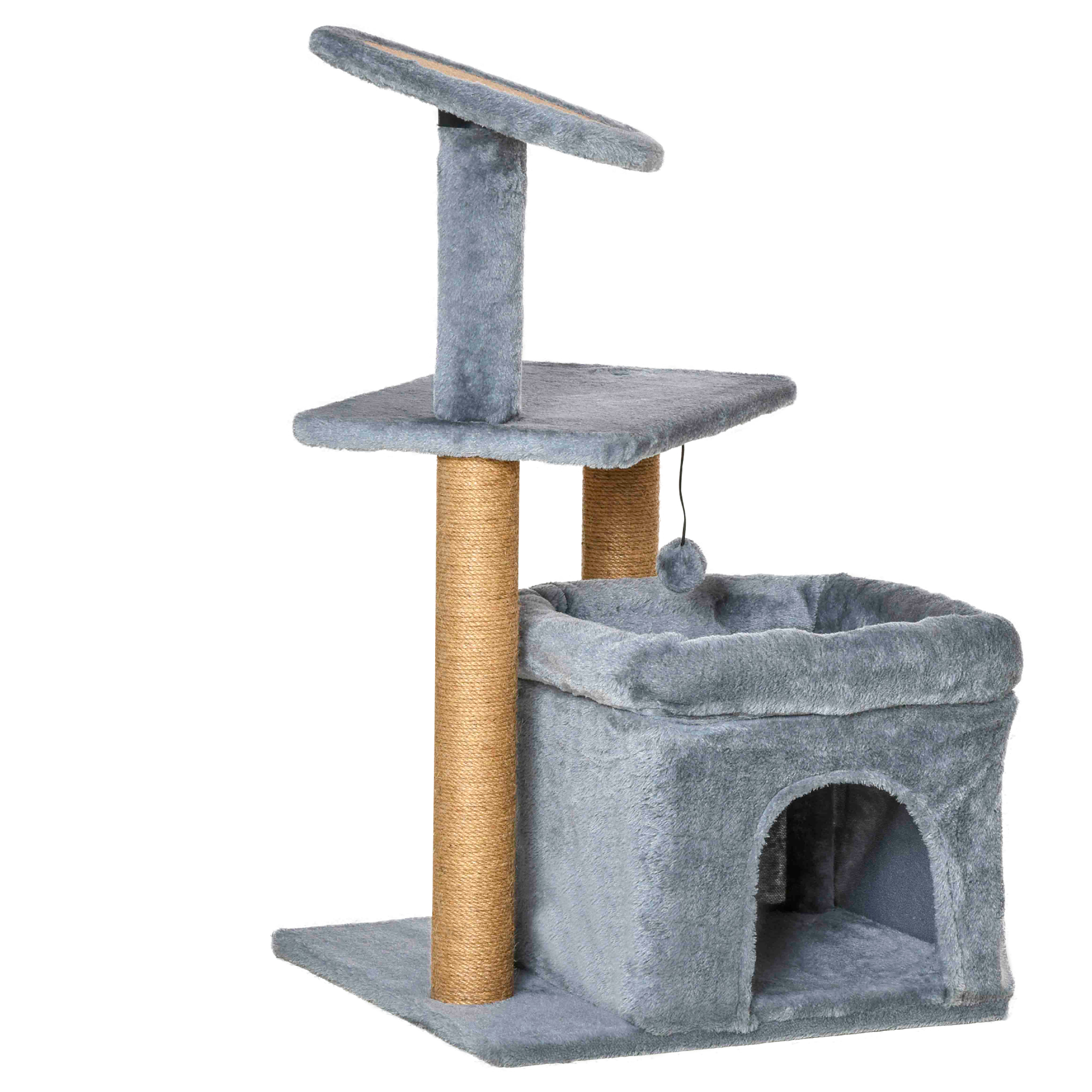 Albero per gatti grigio su sfondo bianco. Presenta più livelli e un giocattolo a palla pendente. Design semplice.