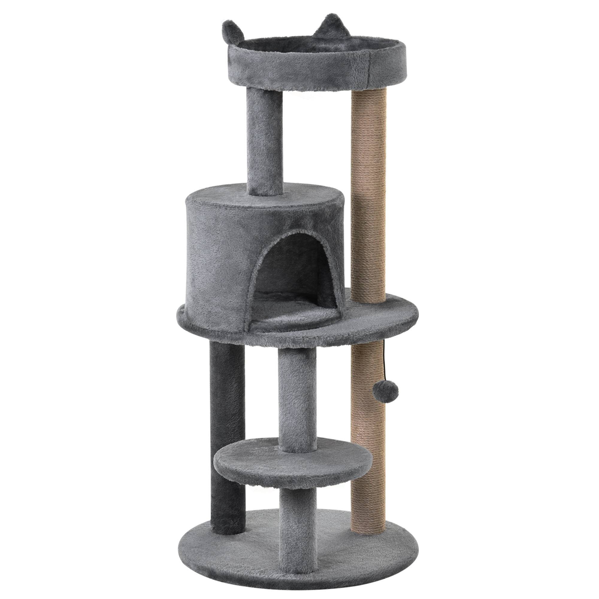 Un albero per gatti grigio con un gatto in cima. Albero per gatti grigio con più livelli. Nessuno sfondo.