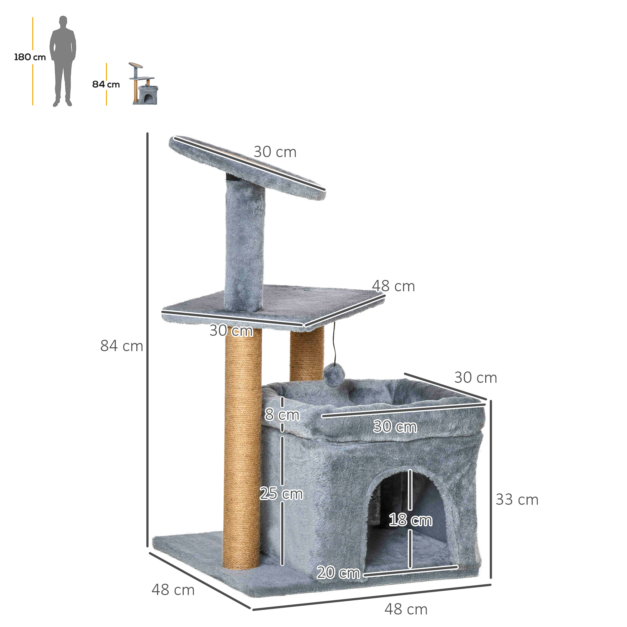 Albero per gatti con dimensioni. Presenta una cuccia, piattaforme e un tiragraffi. Colori grigi e beige.
