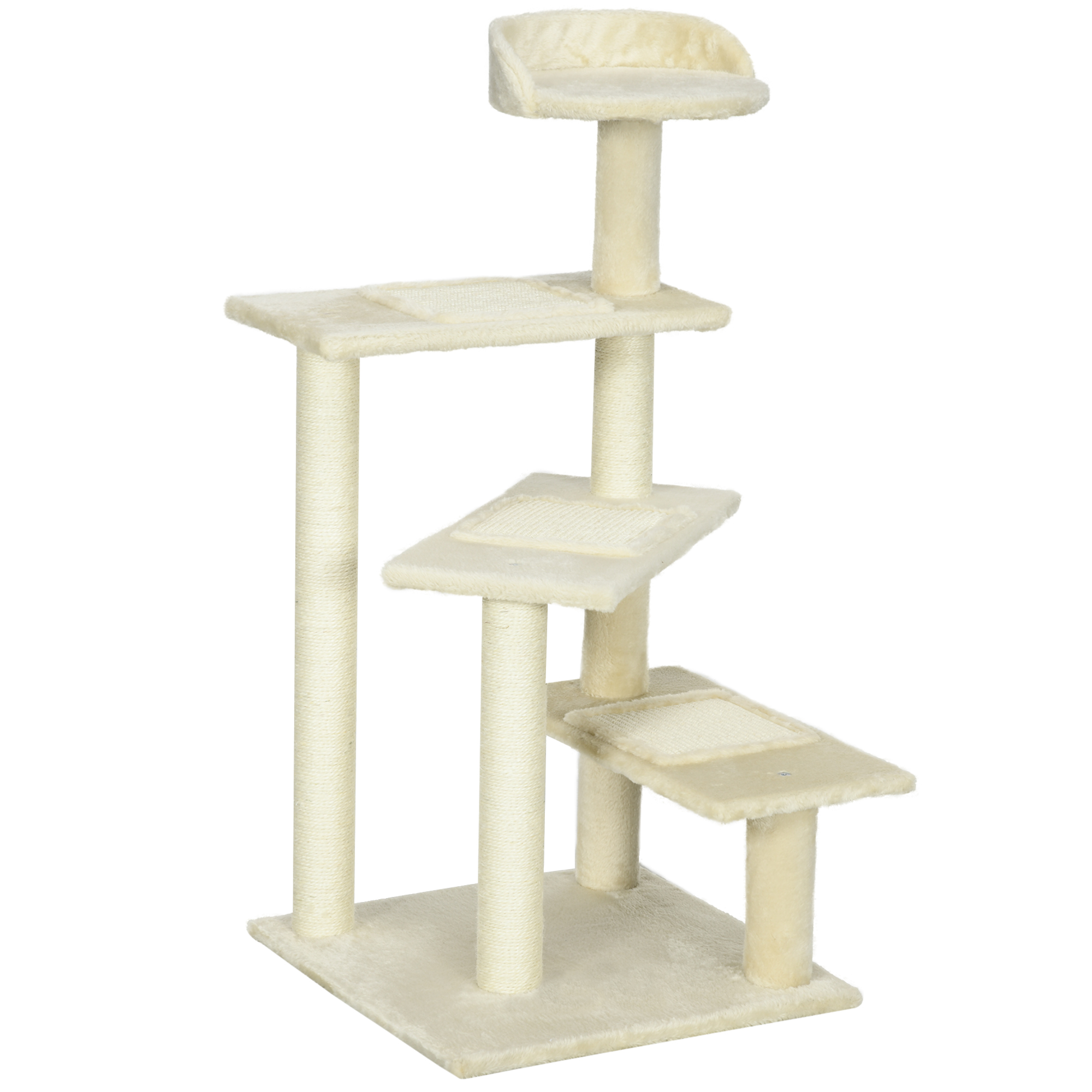 Un albero per gatti beige con più livelli. Ha tiragraffi, piattaforme e un letto in cima. Sfondo bianco.