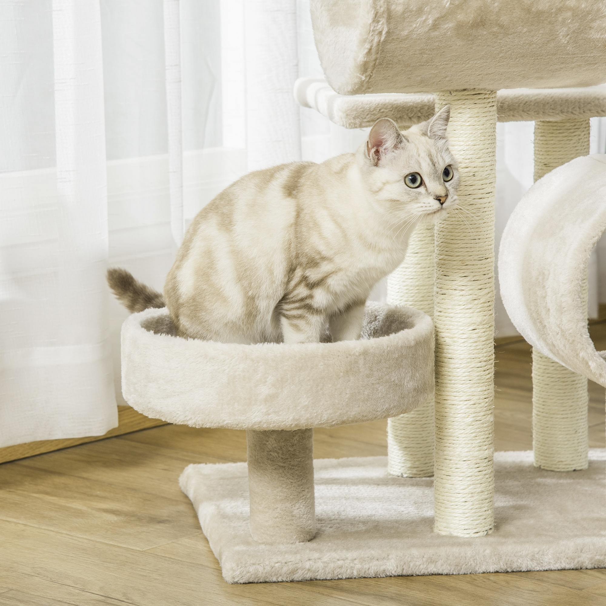 Un gato en un árbol para gatos mirando a la derecha. El árbol es beige y el gato blanco y gris.